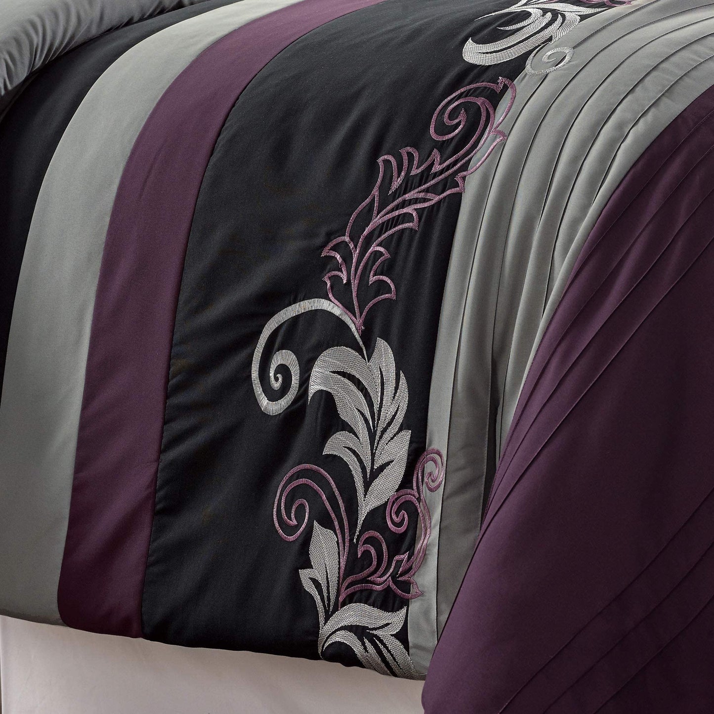 Chezmoi Collection Napa 7-Piece Luxury Leaves Scroll Embroidery Bedding Comforter Set (King, Purple/Black/Gray)