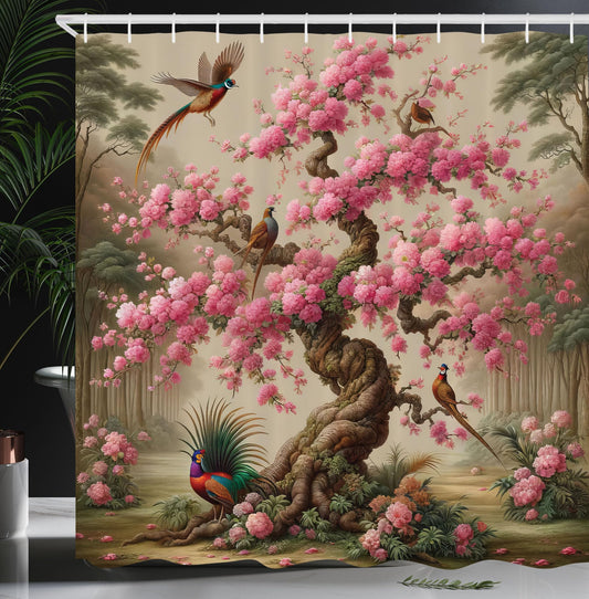 Ambesonne Spring Shower Curtain, Japanese Magic Sakura Tree with Colorful Crane Birds Vintage Framed Print, Cloth Fabric Bathroom Decor Set with Hooks, 69" W x 70" L, Pale Brown Pink Teal