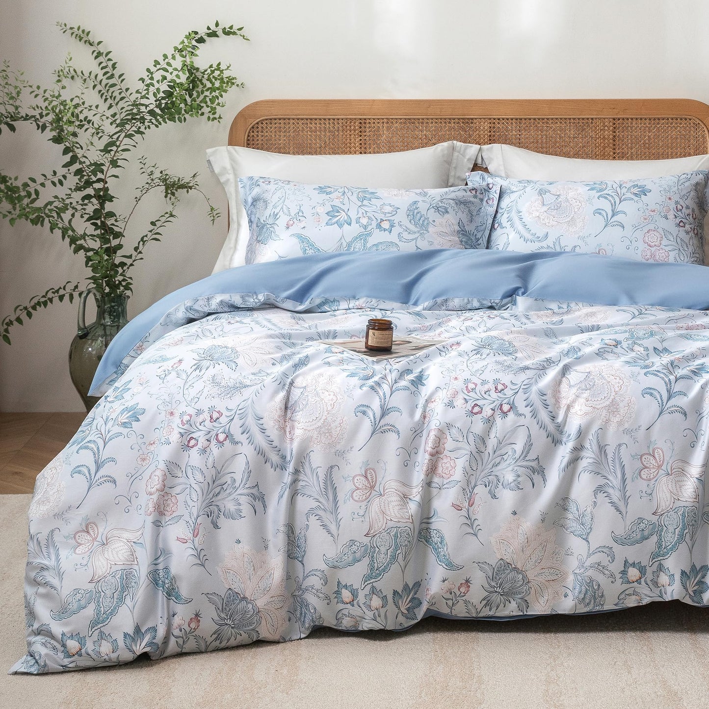 MILDLY Queen Duvet Cover Set - 100% Long-Staple Cotton Paisley Floral Patten Reversible Comforter Cover - 3Pcs Soft Breathable Luxury Bedding for All Season