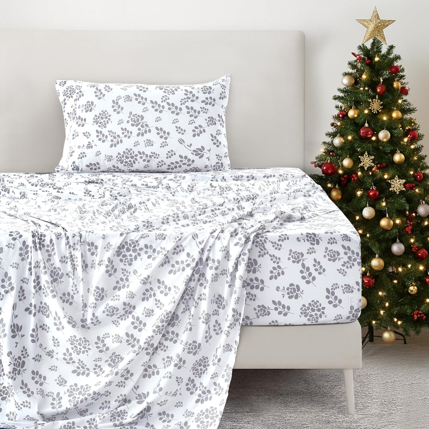 LUX Décor Floral Twin Sheet Set - 3 Piece Ultra-Soft Microfiber Bed Sheets with Flat Sheet, 16 Inches Deep Pocket Fitted Sheet & Pillowcases, Breathable, Bedroom Decor, Oeko-TEX - White Grey
