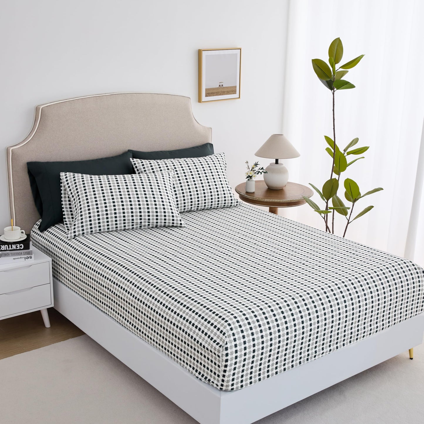 Spirit Linen home 6-Piece Queen Size Bed Sheet Set - Deep Pocket, Squares Pattern, Soft and Breathable Bed Sheets, Microfiber Material, Includes 1 Fitted, 1 Flat, 4 Pillowcases - Black/Grey Squares