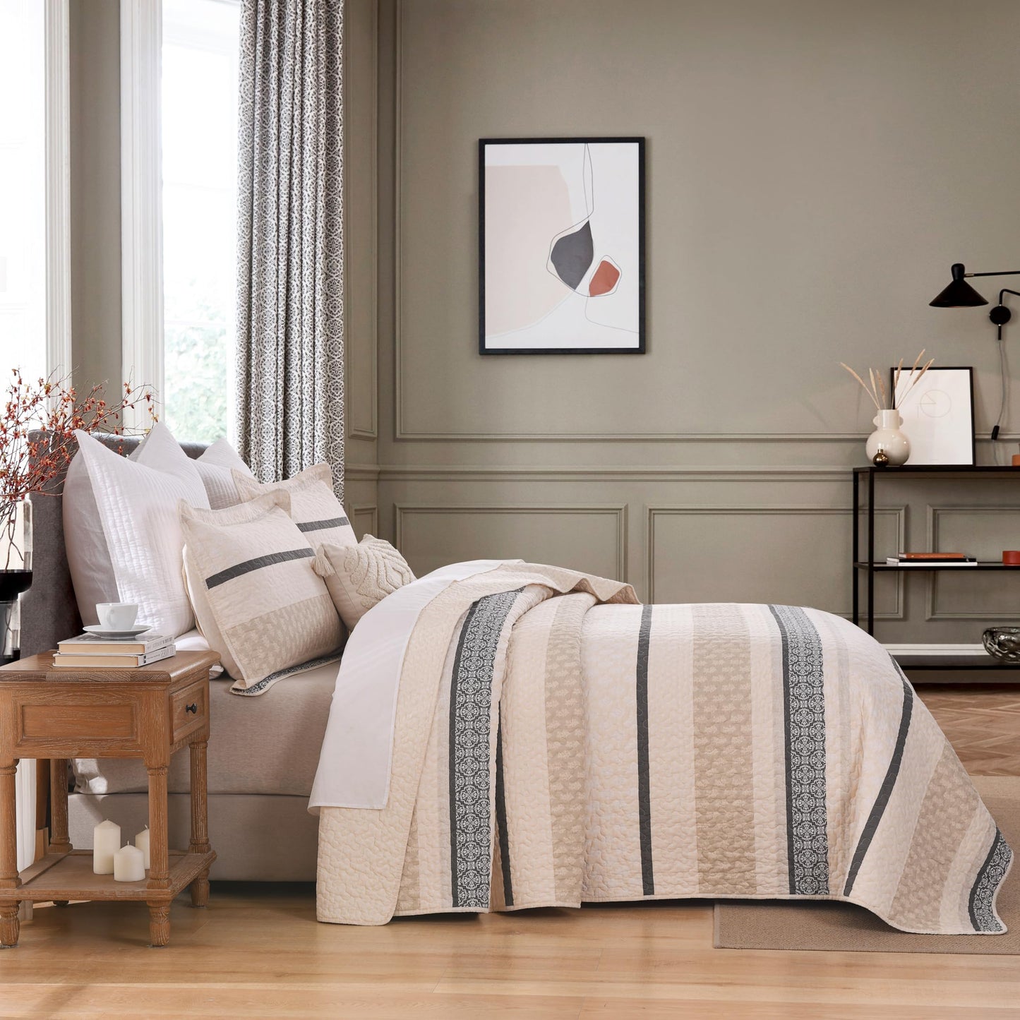 Homzard King Size Comforter Set, Cotton Quilt, Beige and Grey Bedding Set,Lightweight Striped Bedspread, Reversible Coverlet King Size (106"X98") with 2 Pillow Shams All Season