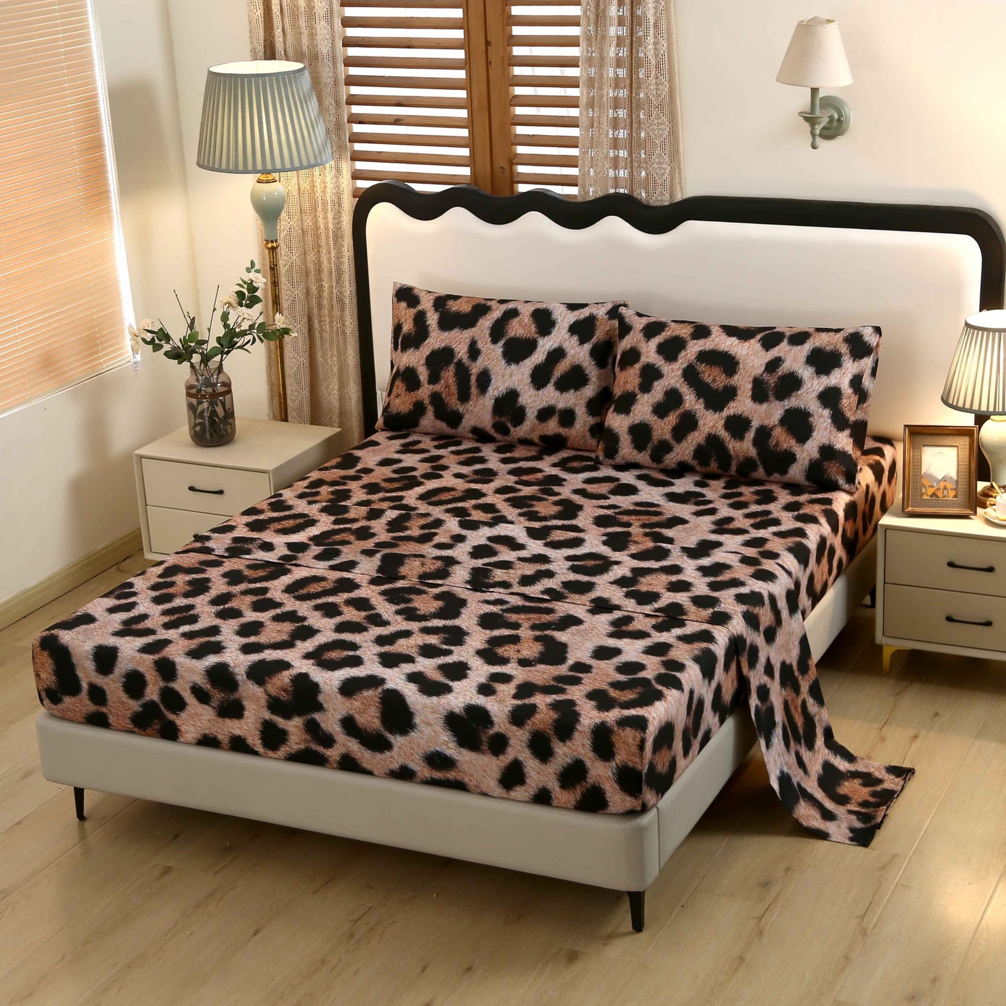 SDY 4 Pieces Queen Size Cheetah Print Bed Sheets - Soft Microfiber, NOT Velvet, Faux Fur Look Leopard Sheets with 14" Deep Pocket, 1 Fitted Sheet + 1 Flat Sheet + 2 Pillowcases for Adult