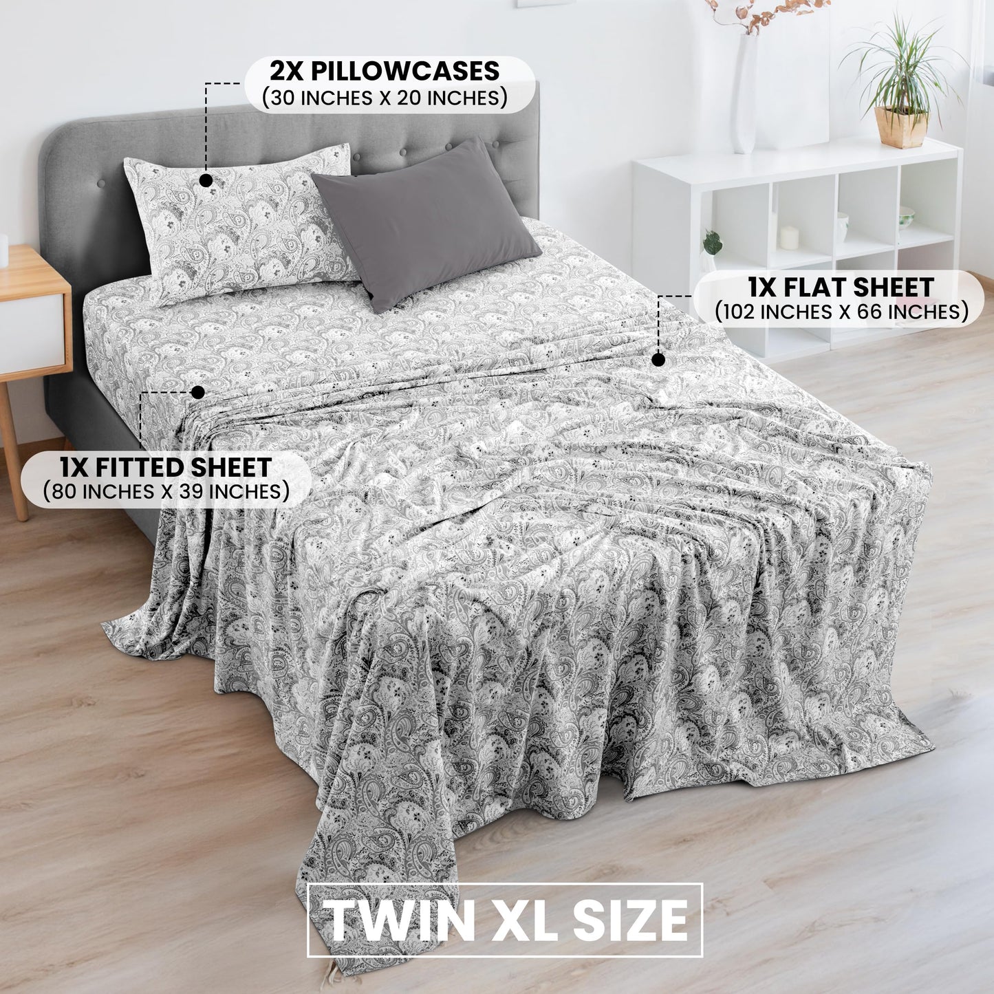 Ultra Soft Wrinkle-Free Microfiber Paisley Twin XL Sheet Set, Cute Floral Pattern Boho Print – 16" Deep Pocket Fitted Sheet, Flat Sheet & 2 Pillowcases, Breathable, OEKO-TEX - White/Grey