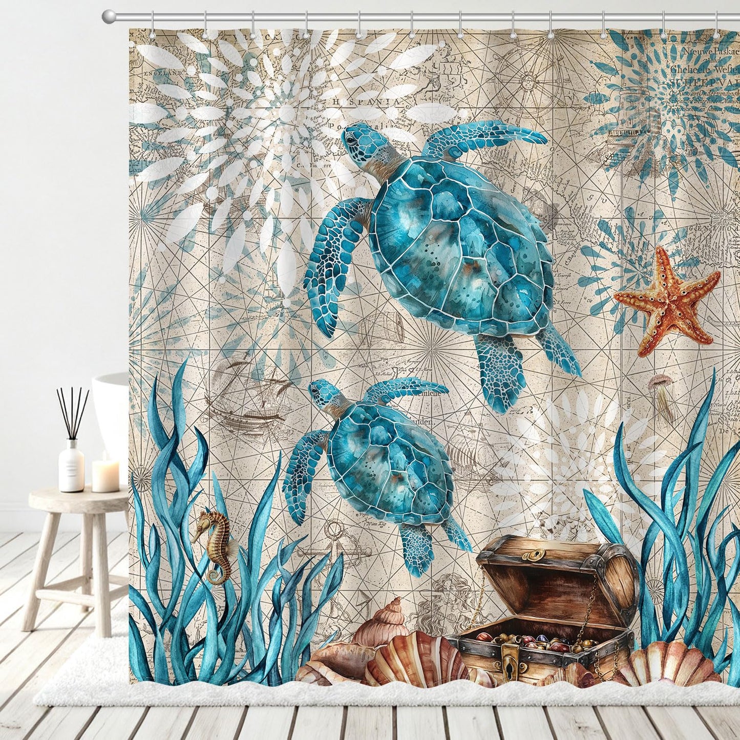 AMLabubu Blue Sea Turtles Nautical Shower Curtain Set, Ocean Beach Boho Bathroom Decor, Polyester Cloth Fabric Bath Curtain with 12 Hooks 72" W x 72" L