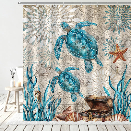 AMLabubu Blue Sea Turtles Nautical Shower Curtain Set, Ocean Beach Boho Bathroom Decor, Polyester Cloth Fabric Bath Curtain with 12 Hooks 72" W x 72" L