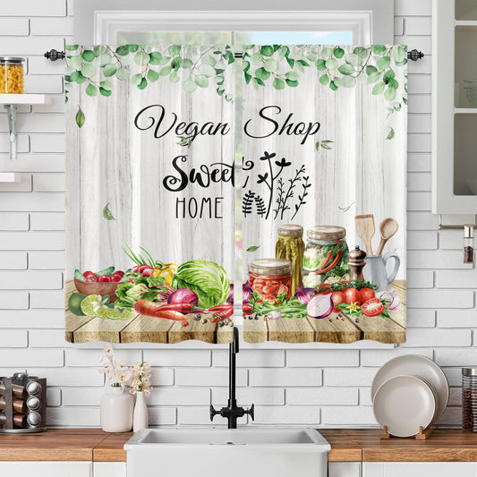 Farmhouse Kitchen Curtains Rustic Spring Leaves Wood Plank Vegetable Watercolor Print Funny Quote Rod Pocket Short Window Drapes Vintage Country Style for Bedroom Living Room, 2 Panels 42x45 Inch