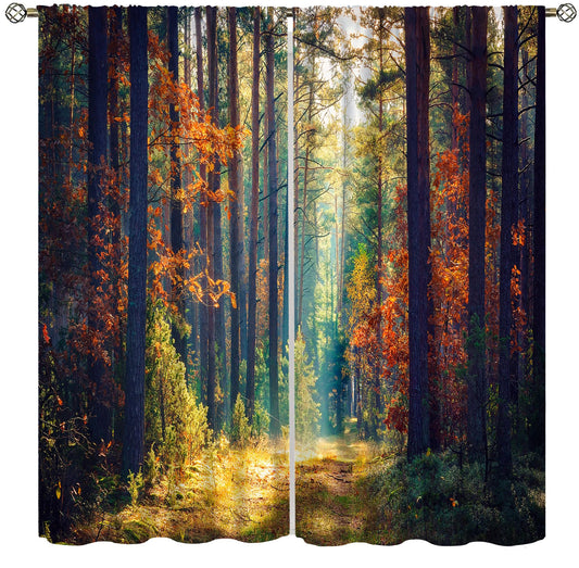 wlsgdsg Fall Forest Curtains Vintage Rural Orange Nature Scenery Mountains Autumn Forest Trees Landscape Windows Treatments Rod Pocket for Kitchen Living Room Bedroom 42x44.5in（No Blackout）
