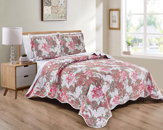 Grand Linen 3-Piece Queen Size Wave Edged Oversized Quilt Set 100 inch X 106 inch All Seasons Large Bedspread, Pillow Shams Lightweight Soft Coverlet Pink Green White Colors Bed Cover Floral Pattern