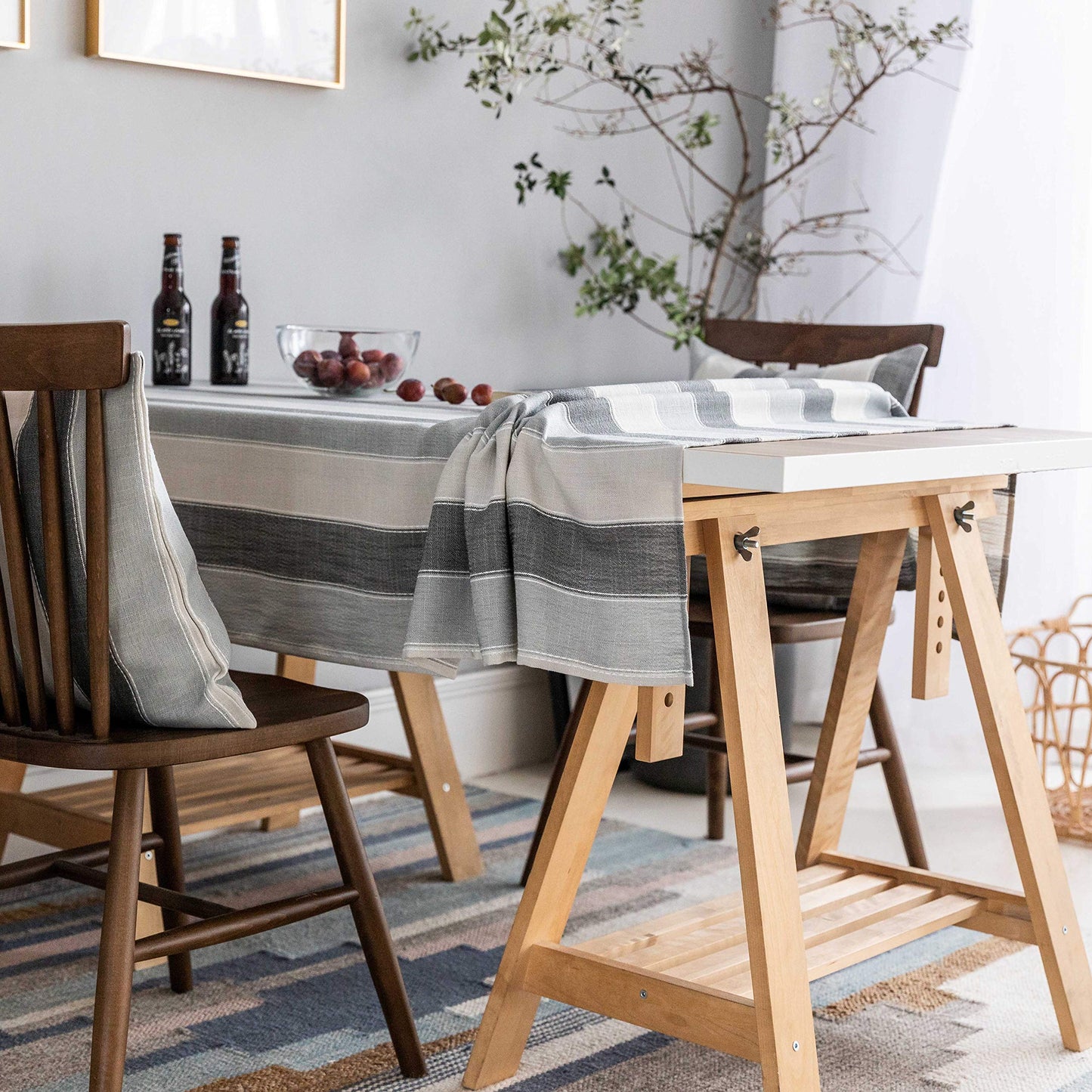 Home Brilliant Square Tablecloth 52x52, Striped Table Cover for Kitchen, Cotton Linen Table Cloth for Indoor Outdoor Picnic(52 x 52 Inch, Dark Grey)