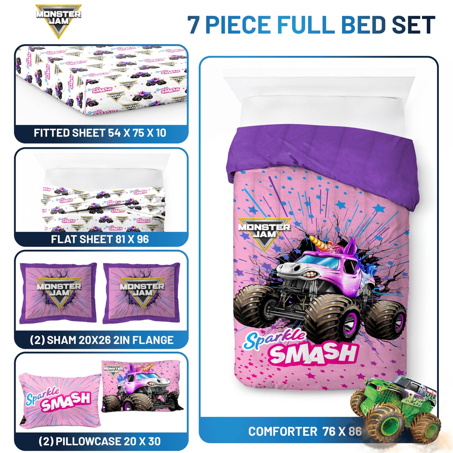 Jay Franco Kids Bed Set, Pink, Monster Jam, 7 Piece Full