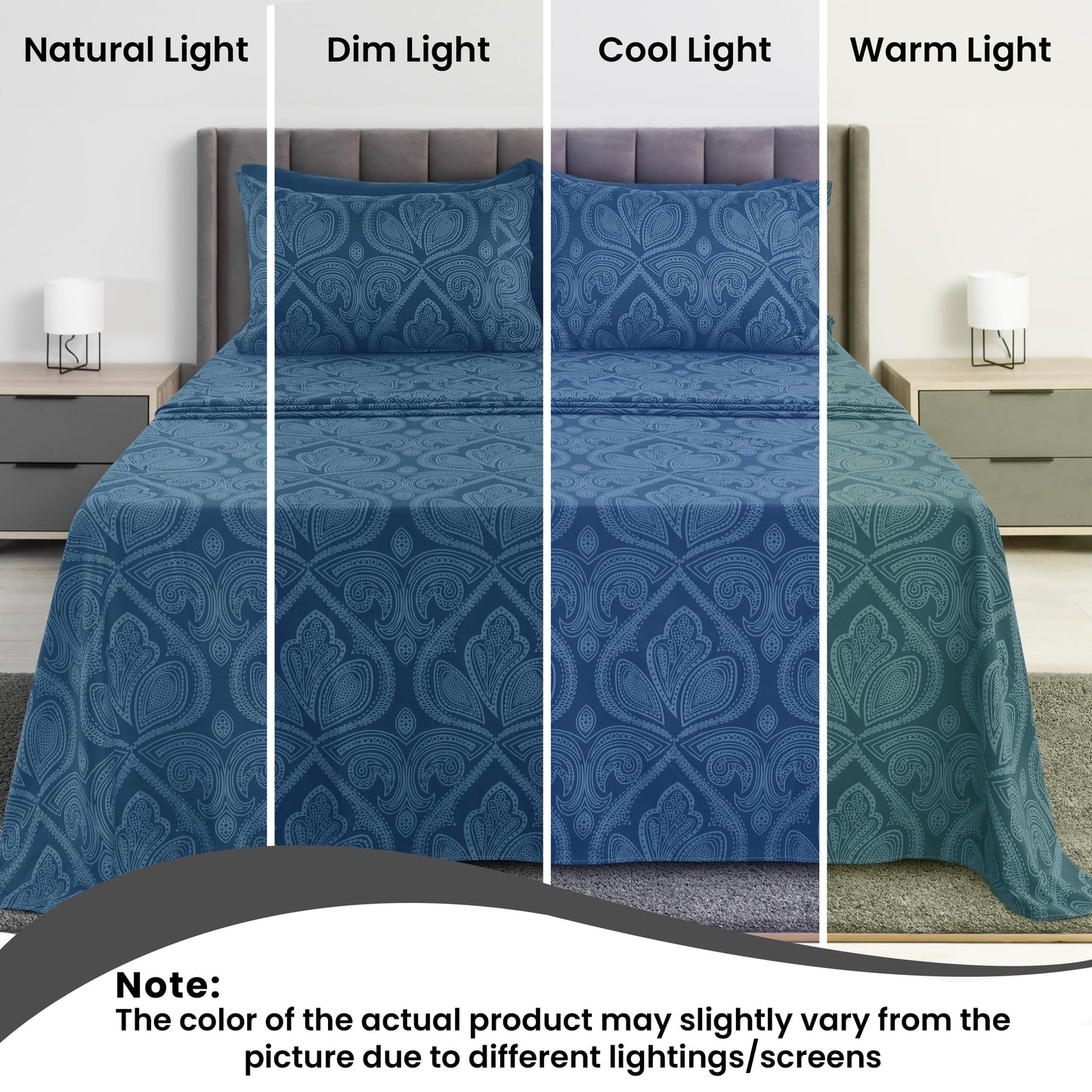 Ultra Soft Wrinkle-Free Microfiber Paisley Queen Sheet Set, Cute Floral Pattern Boho Print – 16" Deep Pocket Fitted Sheet, Flat Sheet & 4 Pillowcases, Breathable, OEKO-TEX - Navy Blue