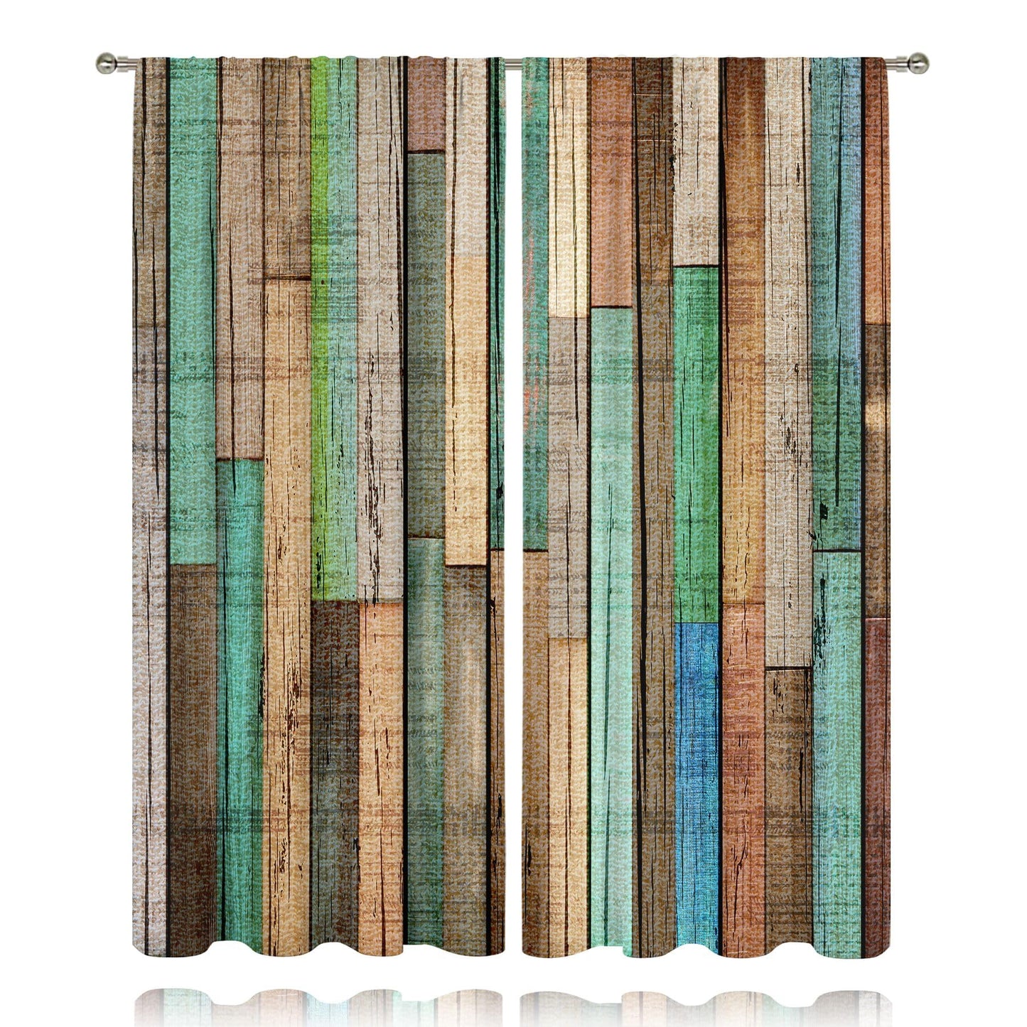 MESHELLY Farmhouse Teal Grey Barn Door Curtains 52Wx84H Inch Rod Pocket Rustic Wood Western Vintage Rural Green Wooden Plank Cabin Bedroom Window Drapes Country Printed Living Room Window Treatment