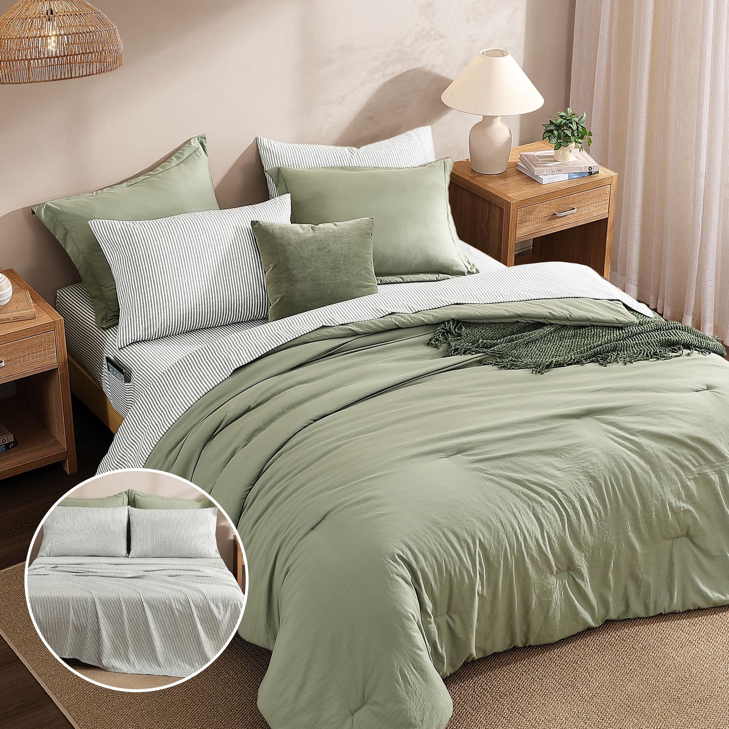 Monbix Queen Comforter Set - 7 Pieces Green Prewashed Bed in a Bag Queen Bedding Sets with Comforters, All Seasons Ultra Soft Comforter Bed Set with Sheets,Pillowcases & Shams