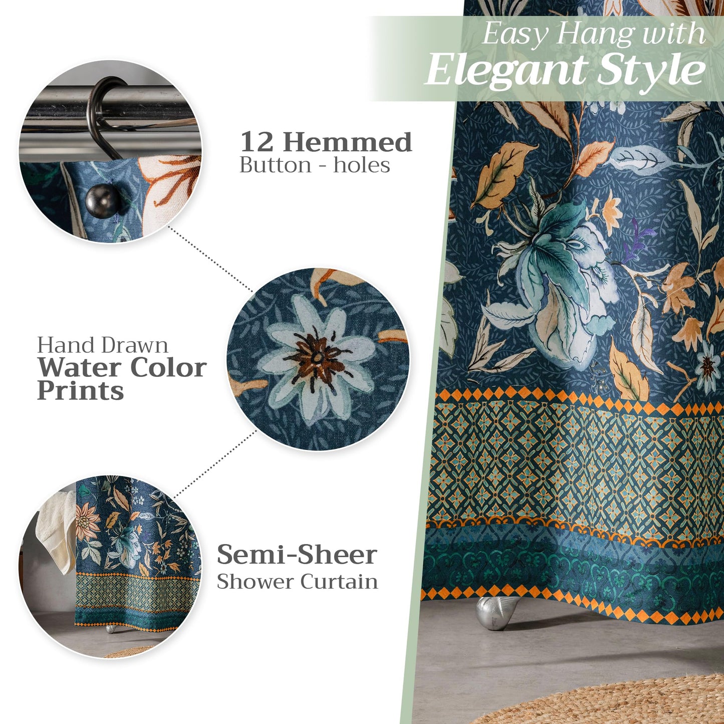 Maison d' Hermine Shower Curtain 100% Cotton One Panel 70"x72" Washable Fabric Shower Curtains for Bathroom, Easy Hanging with 12 Button Holes - Home Spa Spring Summer - Luxury Loft - Dark Teal
