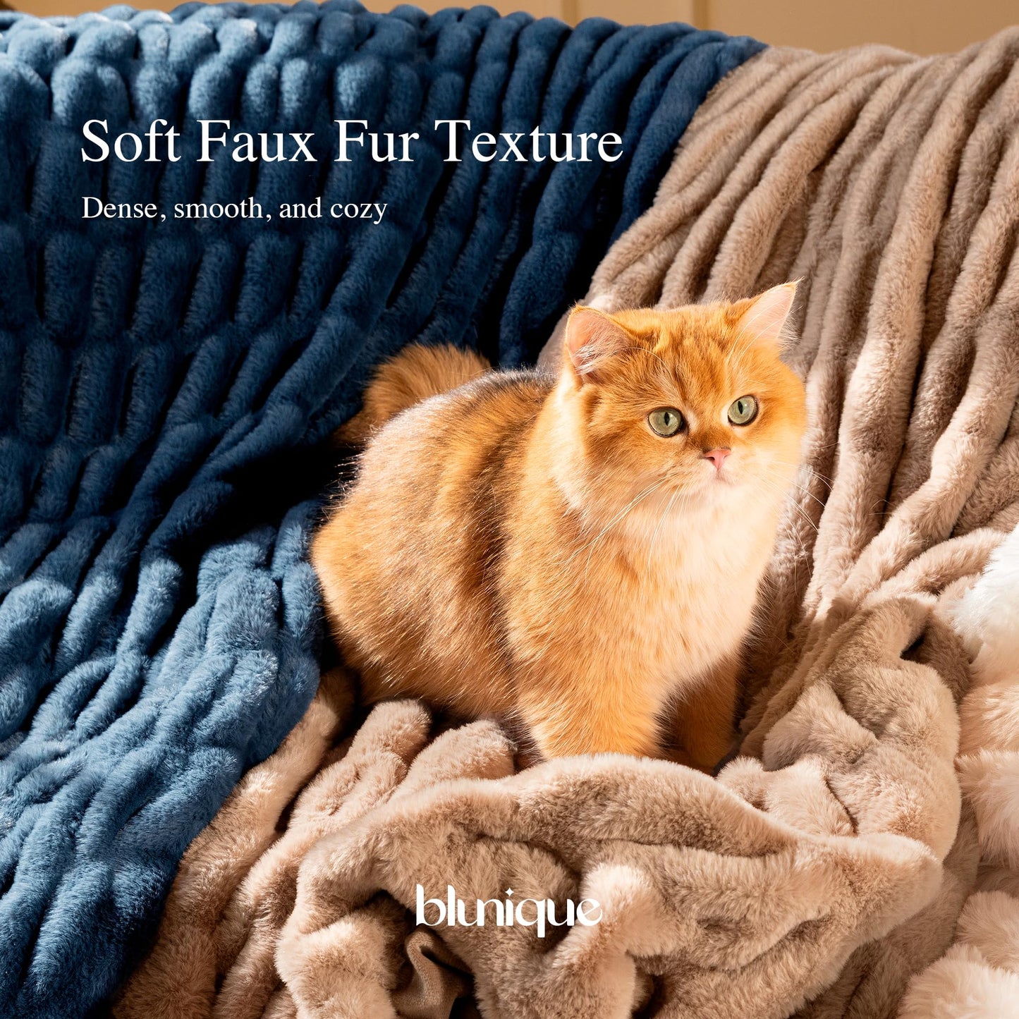 blunique Faux Rabbit Fur Throw Blanket, Soft Plush Cozy Blanket for Couch Bed, Thick Fluffy Ruched Decorative Blanket, Giftable,50"x60",Light Brown