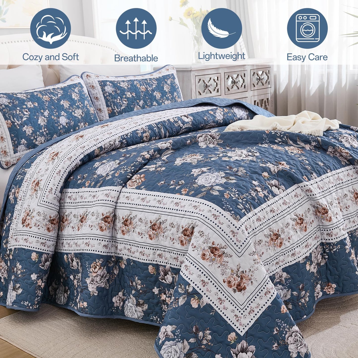Xruibed Navy Quilt Set Queen Size, 3PCs Antique Rose Navy Quilt Coverlet Set, Lightweight Soft Microfiber Floral Bedspread with 2 Pillowcases for All Season (Queen Size 96"x90")