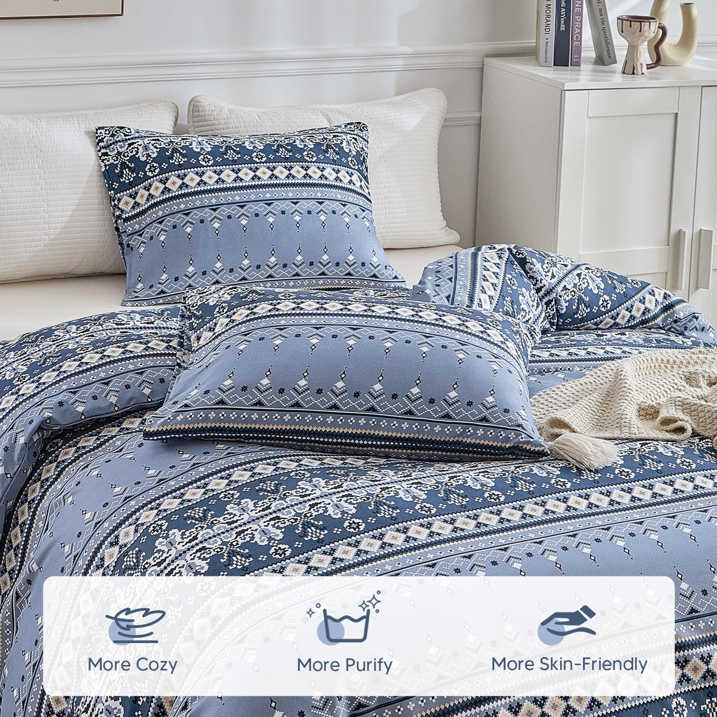 Lekesky Boho Duvet Cover King Size, Blue Comforter Cover King Size White Geometric Floral Printed Duvet Set, 3 Pieces Soft Microfiber Bedding Set with Zipper Ties (King, 104"x90")
