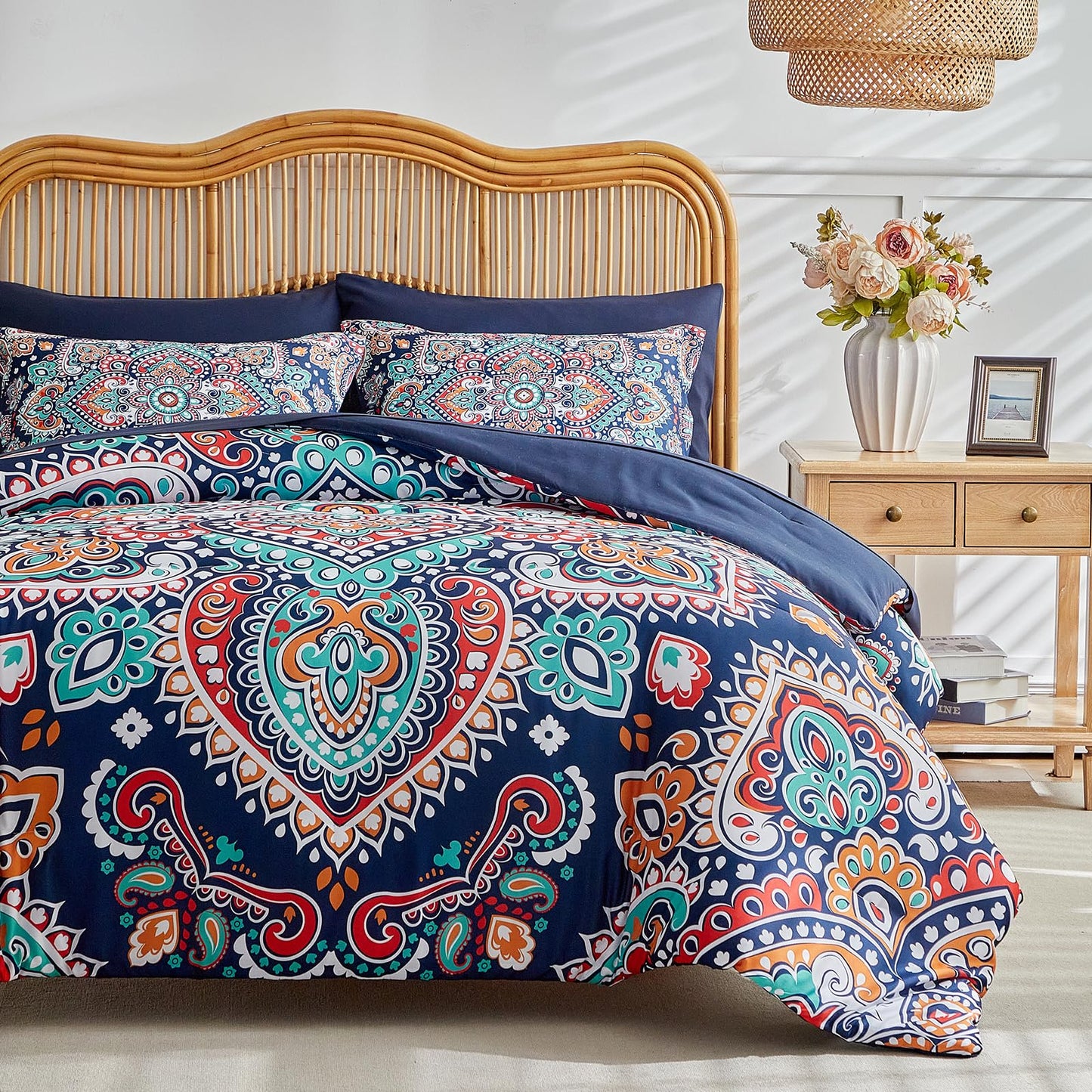 Boho Comforter Sheet Set Bohemian Bed in a Bag Queen Size Bedding Set, Navy Blue Orange Paisley Microfiber 7pc Bedding Set (1 Comforter 2 Pillow Shams 1 Pink Flat Sheet 1 Fitted Sheet 2 Pillowcases)