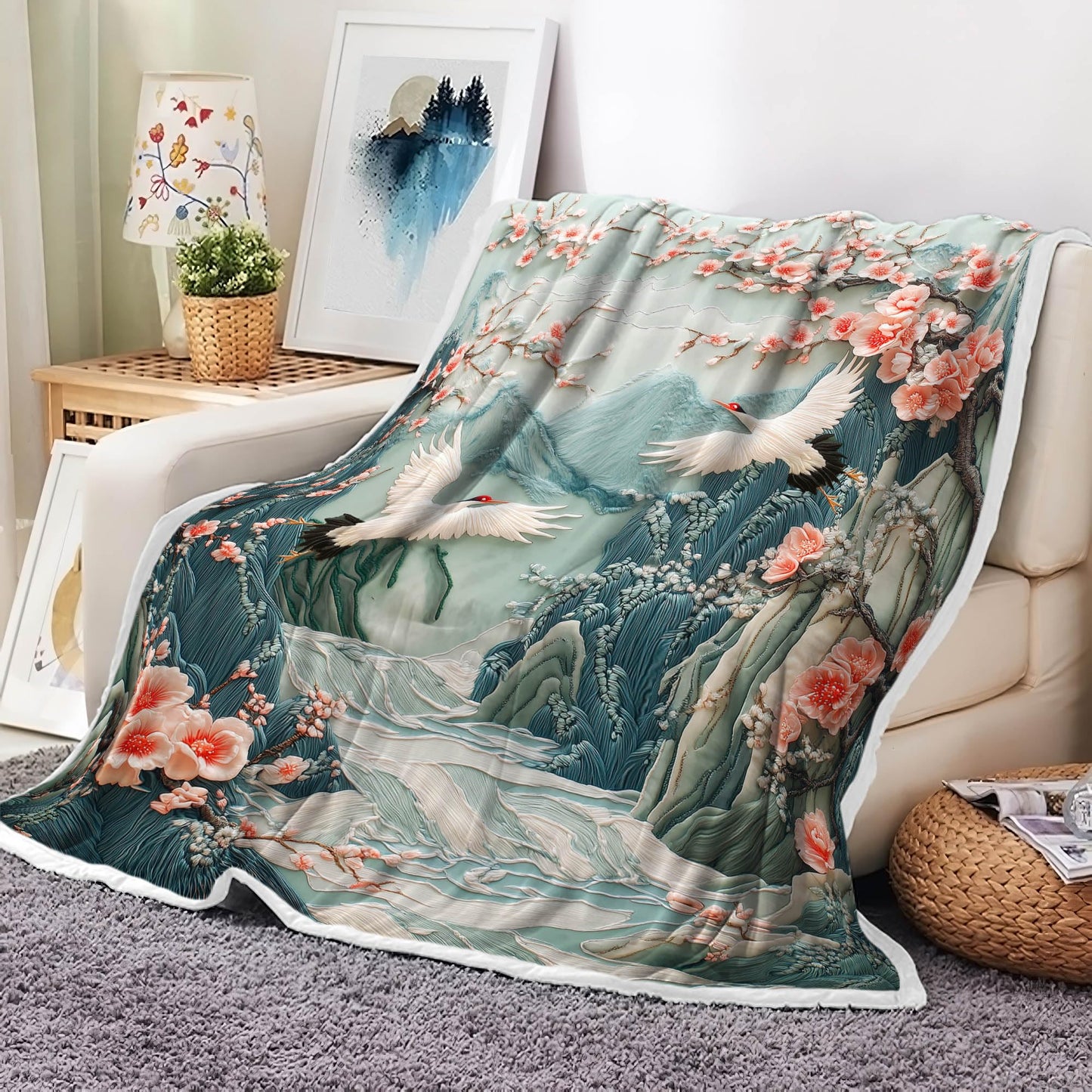 DYNH Asian Nature Landscape Crane Throw Blanket,Cherry Blossom Mountain Floral Bird Blanket for Adult Women Girls Teens, Asian Anime Plush Cozy Fuzzy Travel Blankets for Couch Bed,Multi1,50X60