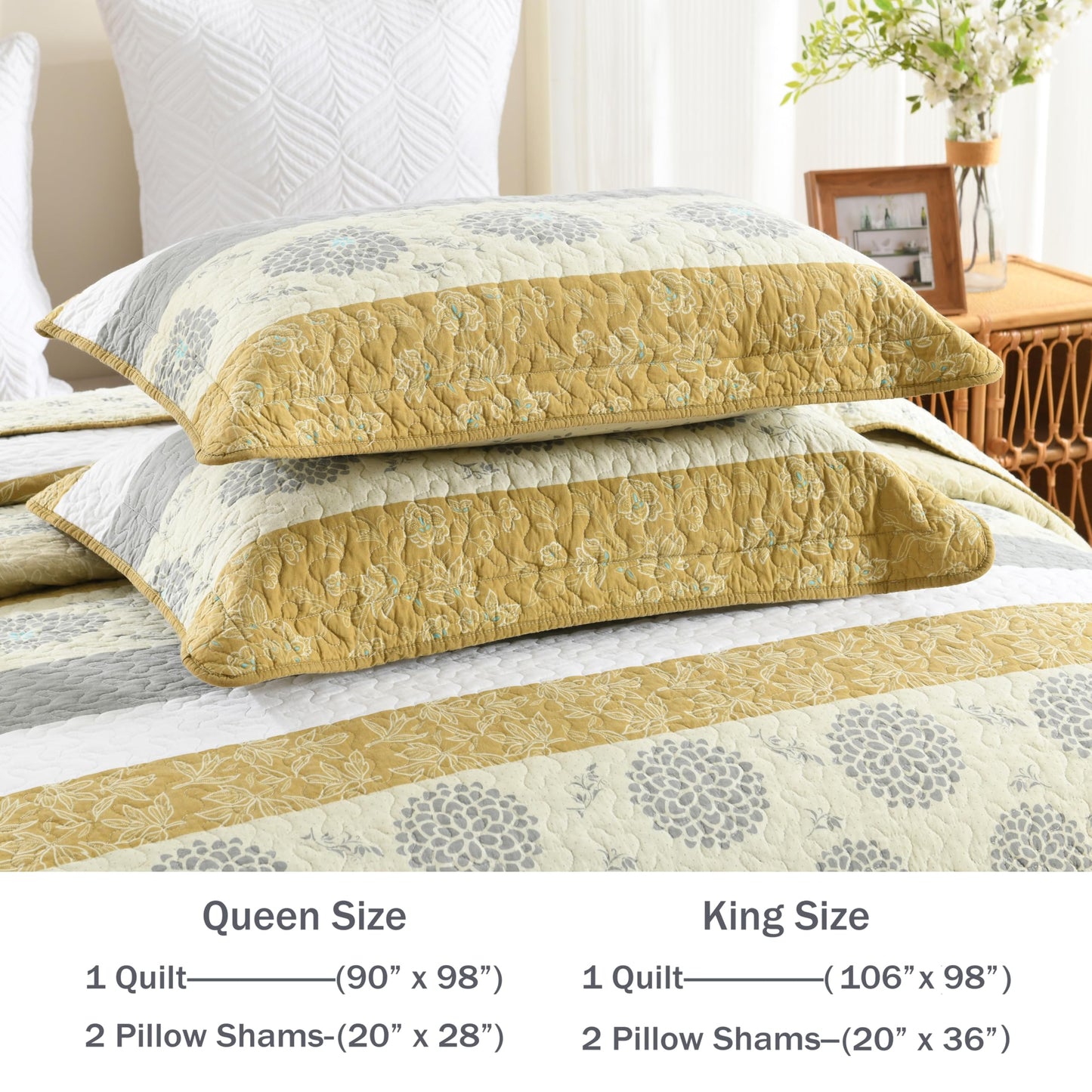 Homzard Quilt Queen Size - Queen Comforter Set,Mustard Yellow Beige Grey All Cotton Quilted Bedspread Set,Striped Floral Pattern Bedding,Lightweight Paisley 3 Piece,All Seasons