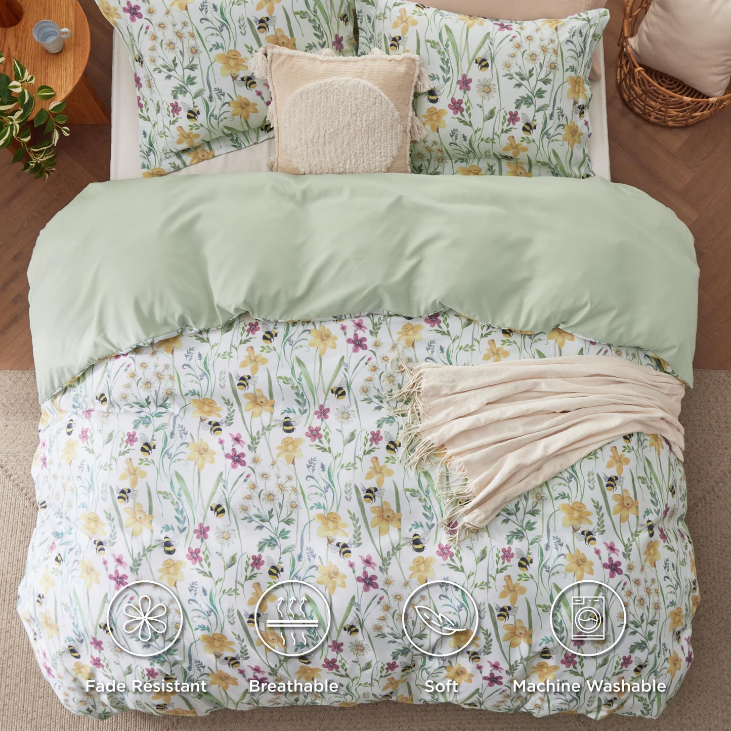 Bedsure Duvet Cover King Size - Reversible Floral Patterned Duvet Cover Set with Zipper Closure, 3 Pieces Green Bedding Set with 8 Corner Ties and 2 Pillow Shams 20"x36"