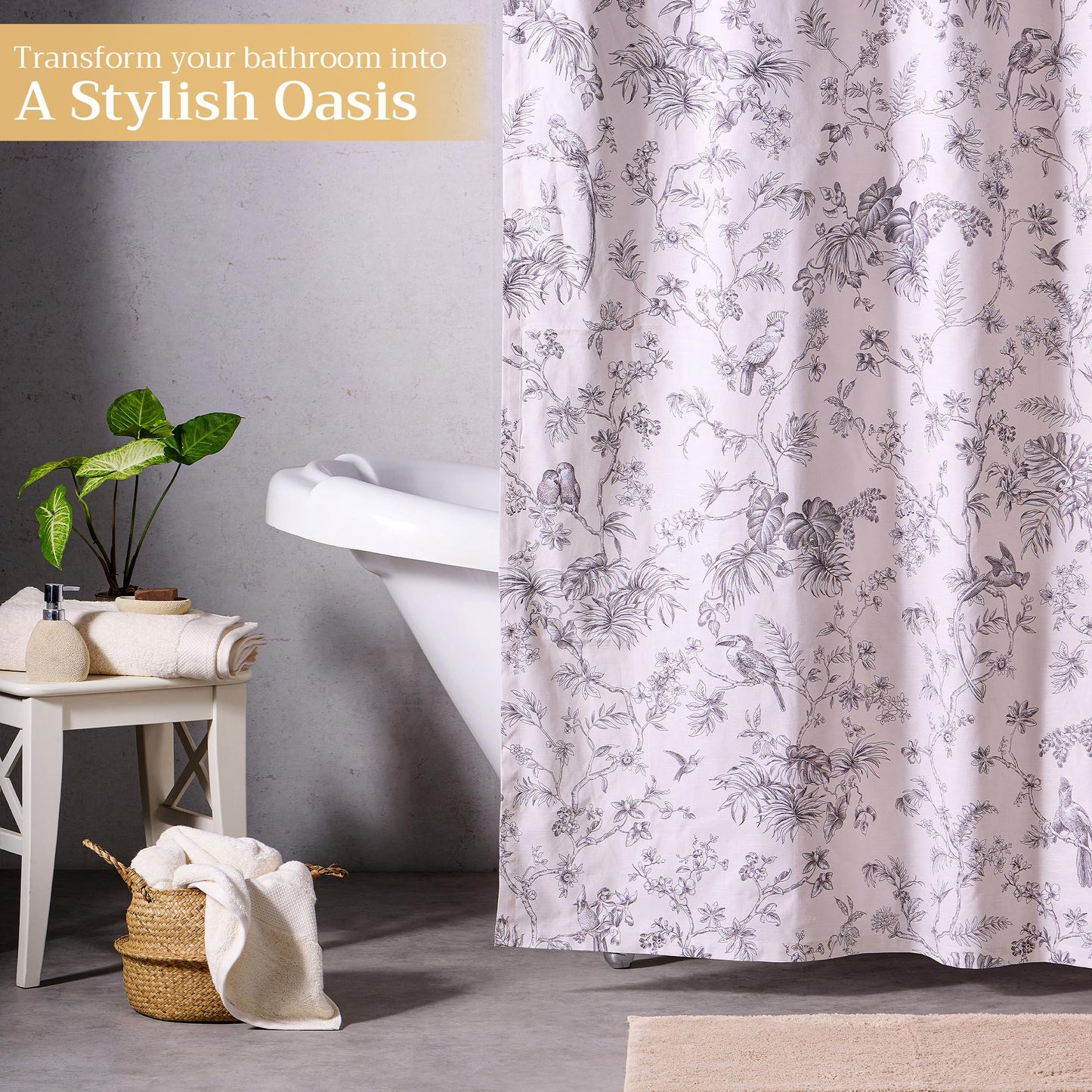 Maison d' Hermine Shower Curtain 100% Cotton One Panel 70"x72" Washable Fabric Shower Curtains for Bathroom, Easy Hanging with 12 Button Holes - Home Hotel Resort Spring Summer - Jouy Paradise - Grey