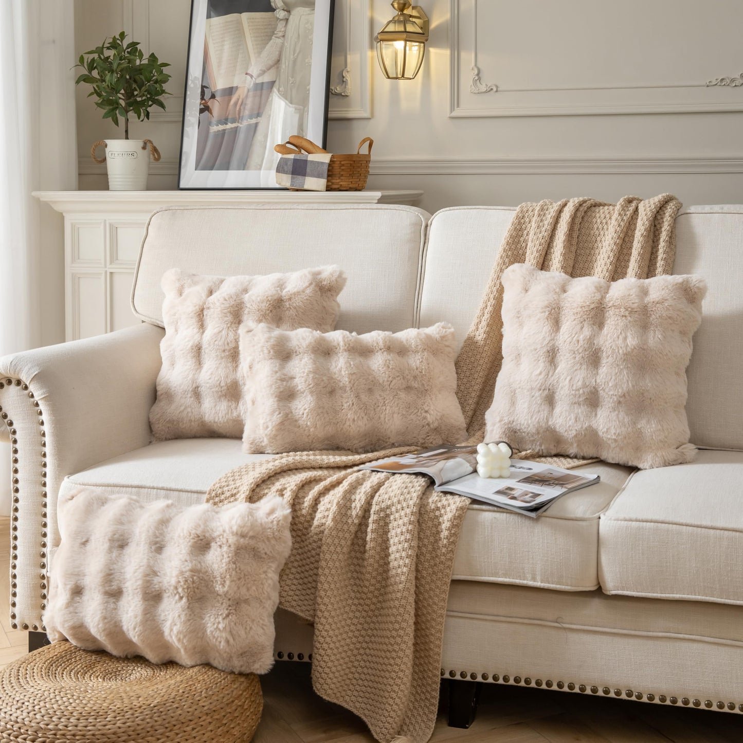 Joyouth Pack of 2 Thick Plush Throw Pillow Covers Fluffy Wave Faux Fur Decorative Cushion Covers Soft Wool Pillowcase for Sofa Couch Livingroom 16x16 Inch Beige