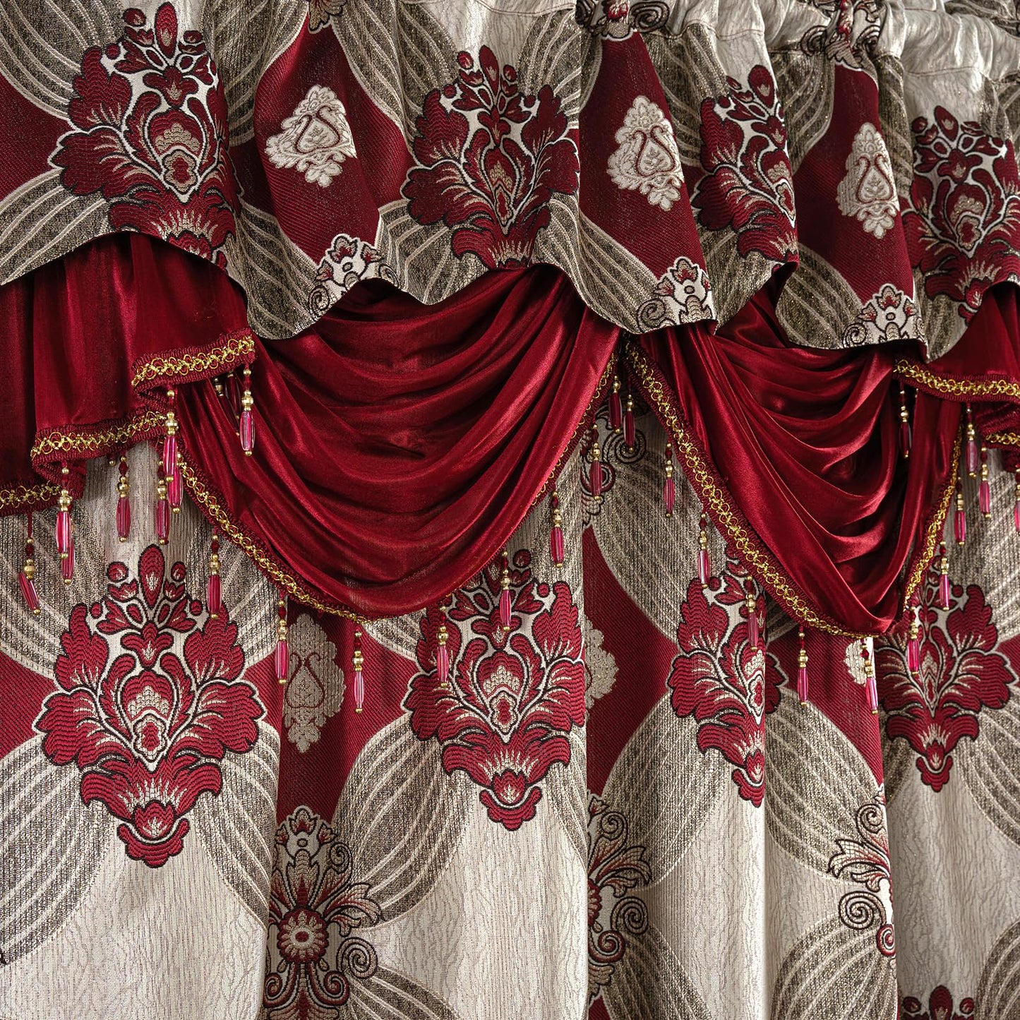 Petrichor Elegant Curtains with Gold Silver Threads 2 Panels Set - Luxury Window Treatment Attached Valance, Sheer Backing, and 2 Tie Backs for Bedroom and Living Room, 54x84 inches, Burgundy