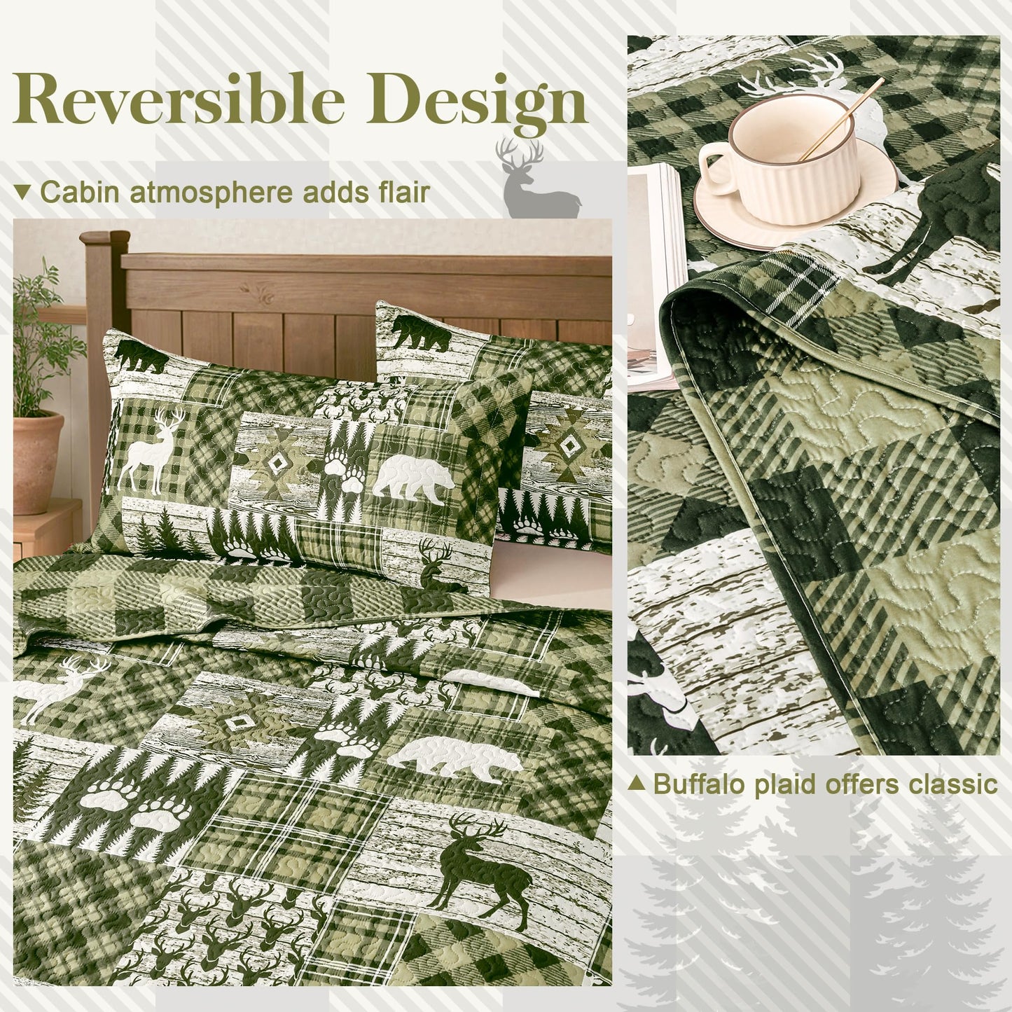 3 Piece Cabin Full/Queen Quilt Sets Farmhouse Rustic Reversible Microfiber Soft Lightweight Bedspread Comforter with 2 Shams Patchwork Country Lodge Bedding Quilts Set for All Season, 90''x96'', Green