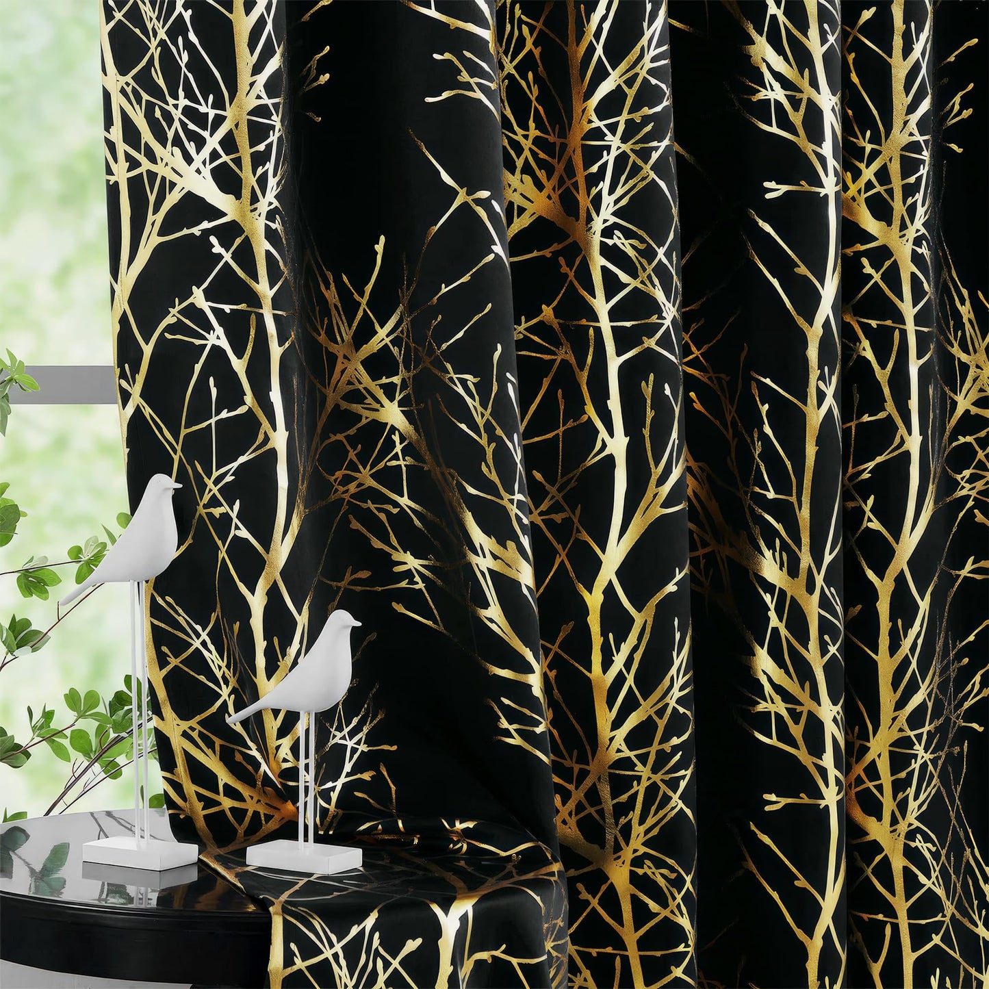 FMFUNCTEX 100% Blackout Curtains for Bedroom, Gold Foil on Black Curtains 84 Inches Long Curtains for Living Room, Metallic Tree Branch Print Drapes, Thermal Insulated Curtain Grommet Top 2 Panels