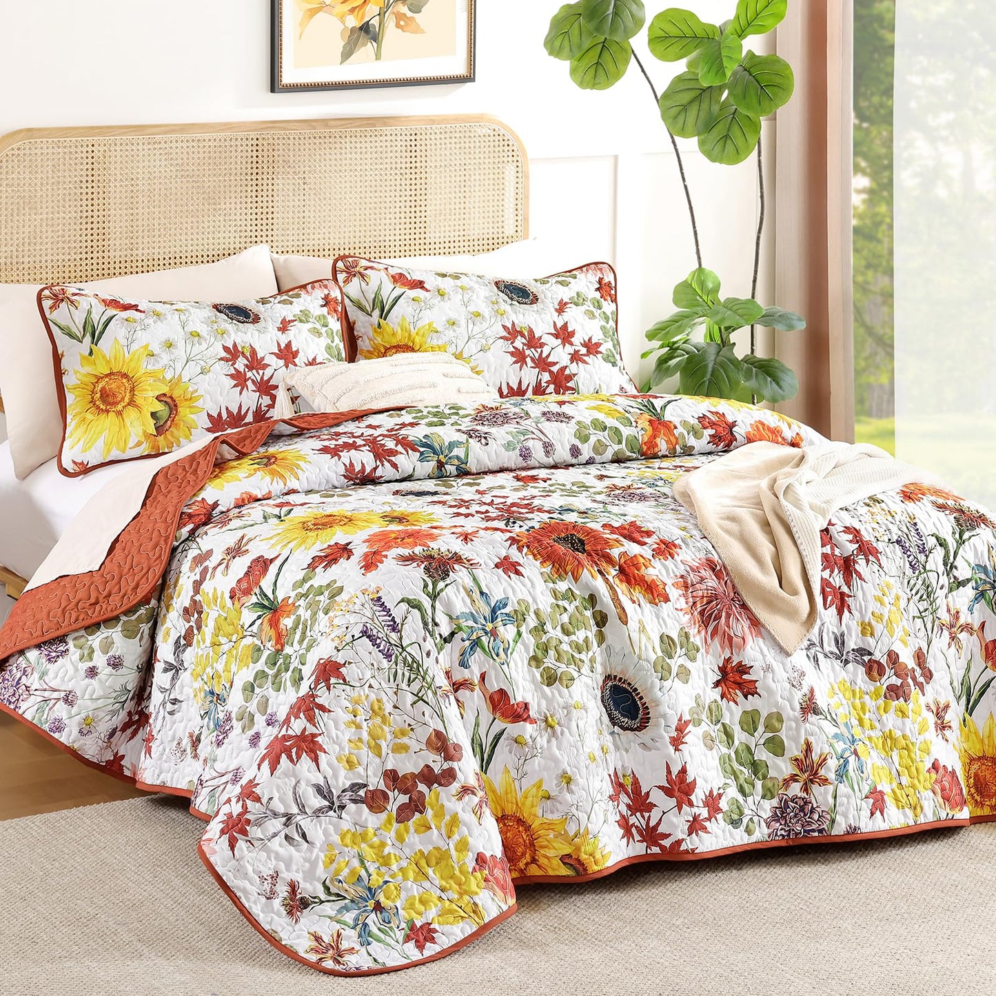 Yiran Fall Floral Quilt Set King Size, Orange Red Sunflower Botanical Bedspread Bedding Set, 3 Pieces Soft Lightweight Microfiber Coverlet with 2 Pillow Shams for All Season 106x90 Inch