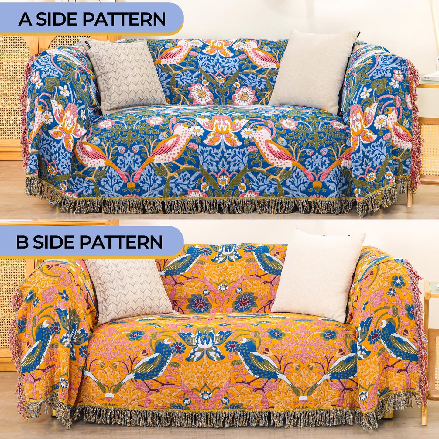 STASOPTK Boho Cotton Muslin Twin Size Bed Throws,100% Cotton Rustic 4 Layer Reversible Bid and Floral Woven Washable Breathable Decor Blanket 60"×80" for Couch Sofa All Seasons,Blue &Yellow