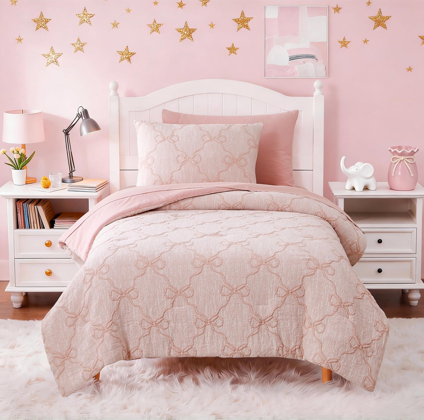 Wink Deer Twin Comforter Set with Sheets for Girls-5 Pieces Twin Bedding Sets with Pink Comforter, Sheets, Pillowcase & Sham for Kids (Pink Diamond, 66" X 86")