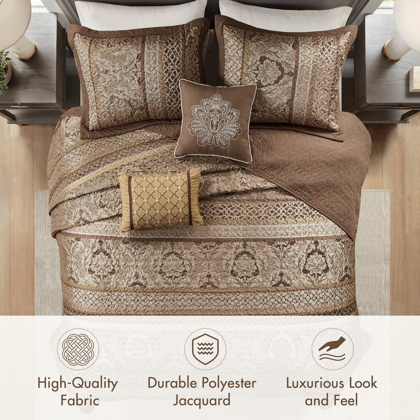 Madison Park Bellagio Reversible Quilted Bedspread Set, Solid Reverse Summer Breathable, Lightweight All Season Bedding Layer, Matching Shams, Bedspread King(120"x118"), Brown 5 Piece