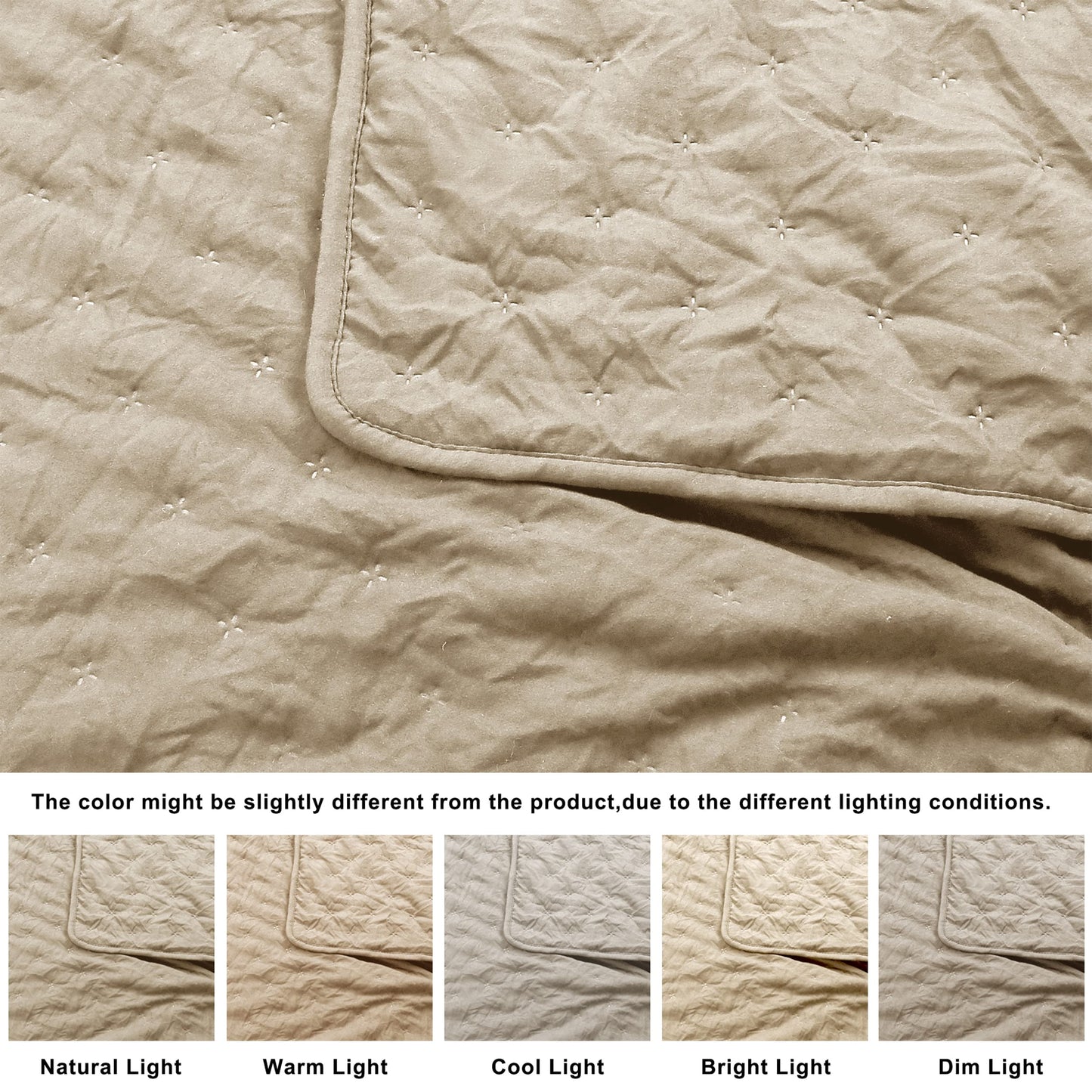 ROARINGWILD Beige Cloud Queen Size Quilt Bedding Sets with Pillow Shams, Farmhouse Lightweight Soft Bedspread Coverlet, All Season Rustic Country Thin Comforter, 3 Pieces, 90x90 inches, Tan Cream