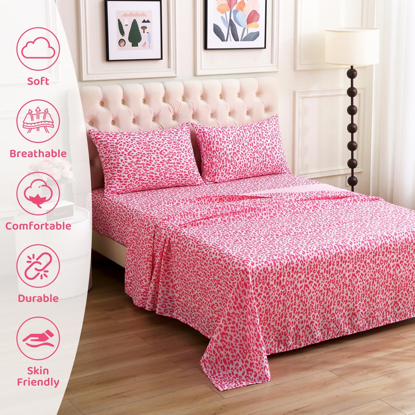 Mooreeke Leopard Cheetah Printed Twin Bed Sheets, Soft Microfiber Bedding Sheets & Pillowcases, Deep Pocket Non-Slip Fitted Twin Sheet, Pink Animal Pattern Bedsheets