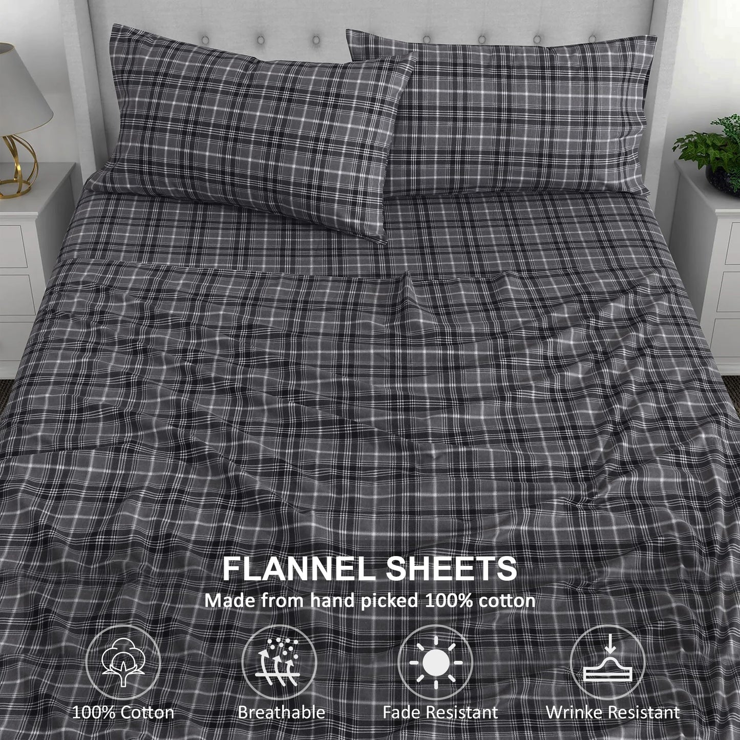 RUVANTI Flannel Sheets Queen Size - 100% Cotton Double Brushed Bed Sheets, Deep Pockets 16 Inches Queen Sheet Set, All Seasons Breathable & Extra Soft - Warm & Cozy, 4 Piece, Grey Plaid