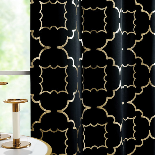 Purainbow Black Blackout Curtains for Bedroom Living Room with Gold Foil Print Panels Room Darkening Energy Saving Grommet 95% Blackout Drapes for Patio Hall Studio, 2 Panels, 52" Wx63 L