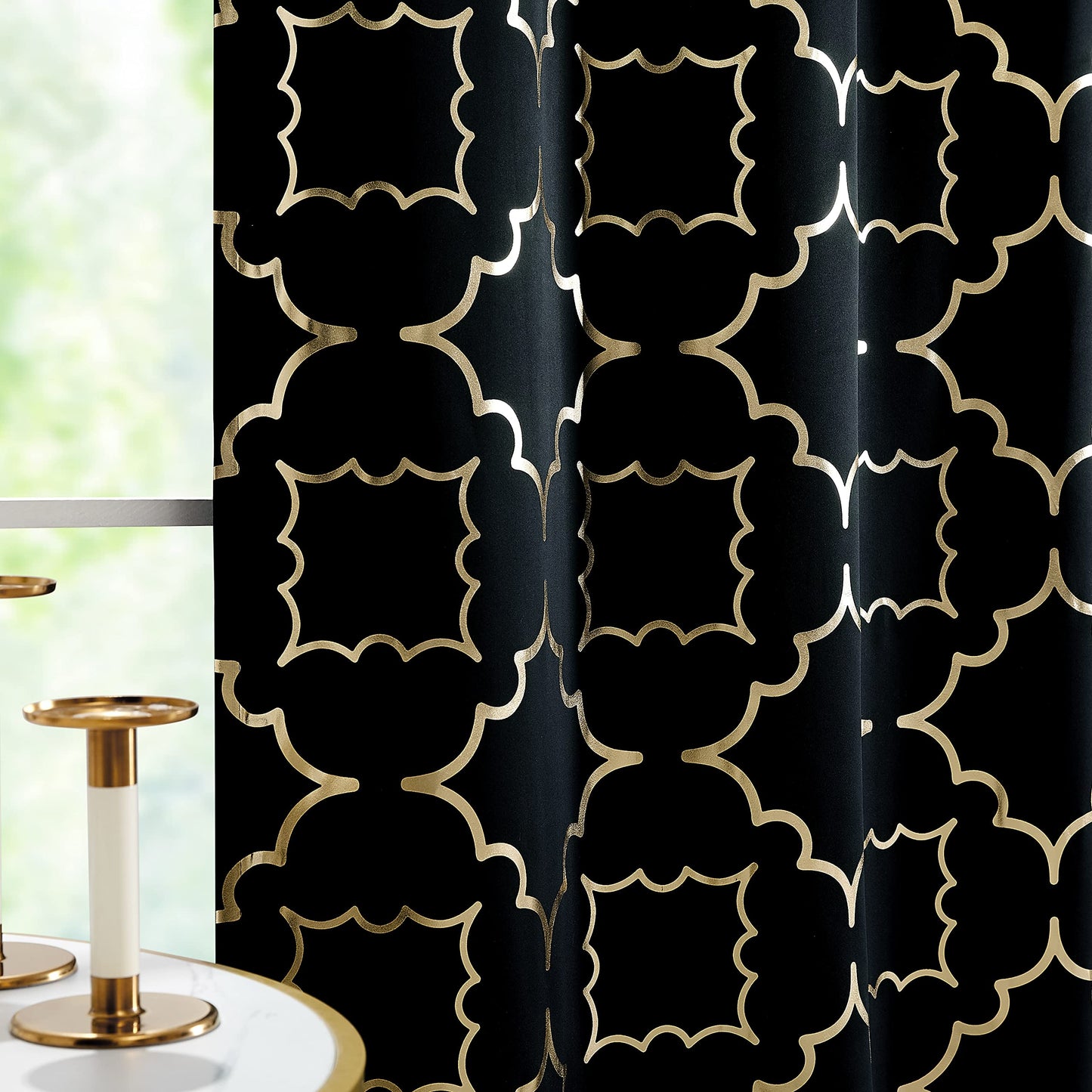 Purainbow Blackout Curtains for Bedroom, Gold Foil on Black Curtains 90 Inches Long Curtains for Living Room Metallic Moroccan Print Drapes, Energy Efficient Window Treatments Grommet Top 2 Panels
