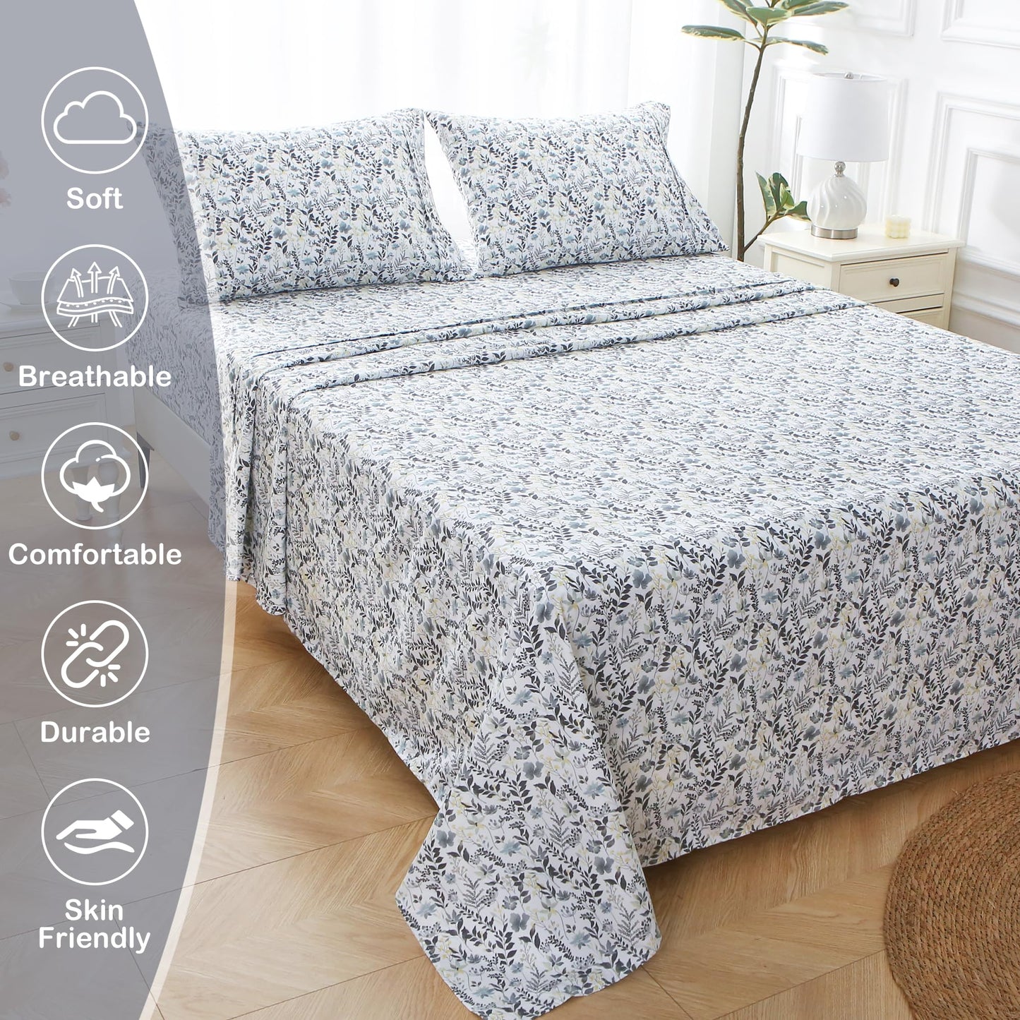Mooreeke Cozy Vintage Microfiber Printed Queen Sheet Set - Soft Breathable Percale Cotton Floral Bed Sheets with Deep Pocket - Non-Slip Fitted Design - Yellow Blue Gray Gradient Flowers Pattern