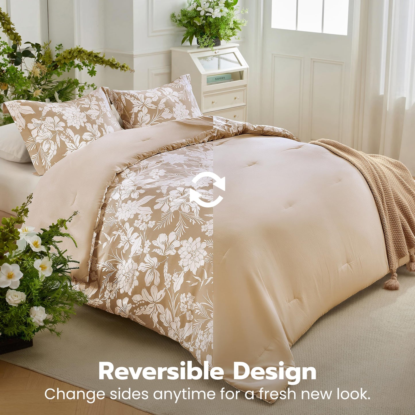 Joiedomi Floral Twin Comforter Set Beige Bedding Set - 2 Pieces Twin Bed in a Bag with 1 Soft Reversible Botanical Flowers Leaves Comforter and 1 Pillow Sham
