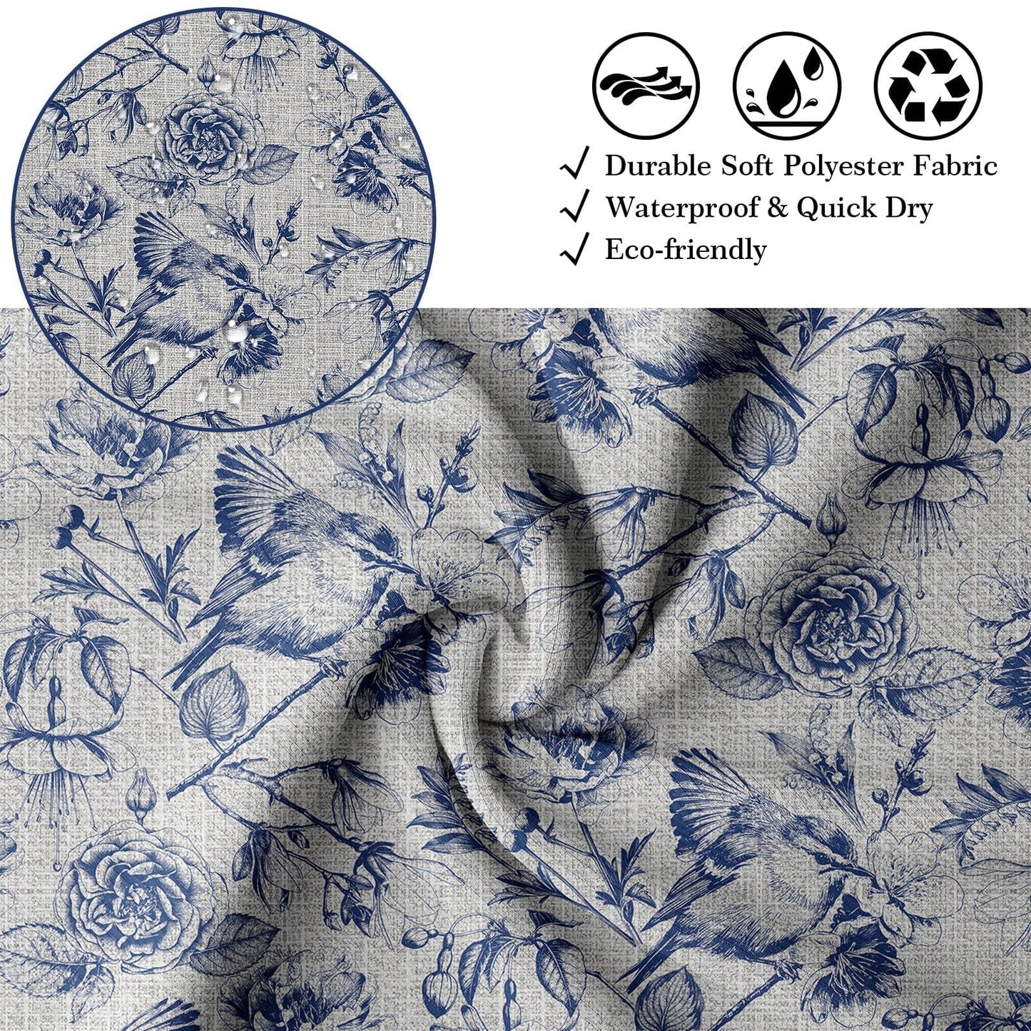 DLTAY Navy Blue Vintage Botanical Shower Curtain, 70x72 Inch