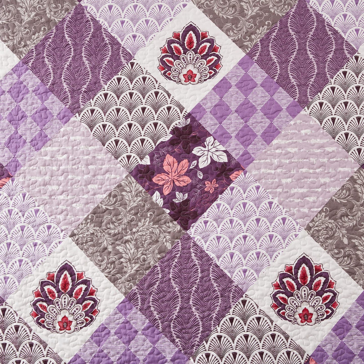 King Size Quilt Set 3 Pieces Lightweight Reversible Bedspread-98''x106'' Soft Patchwork Floral Coverlet Luxurious Warm Microfiber Bed Cover All Seasons Purple Bedding Set(1 Quilt,2 Pillow Shams)