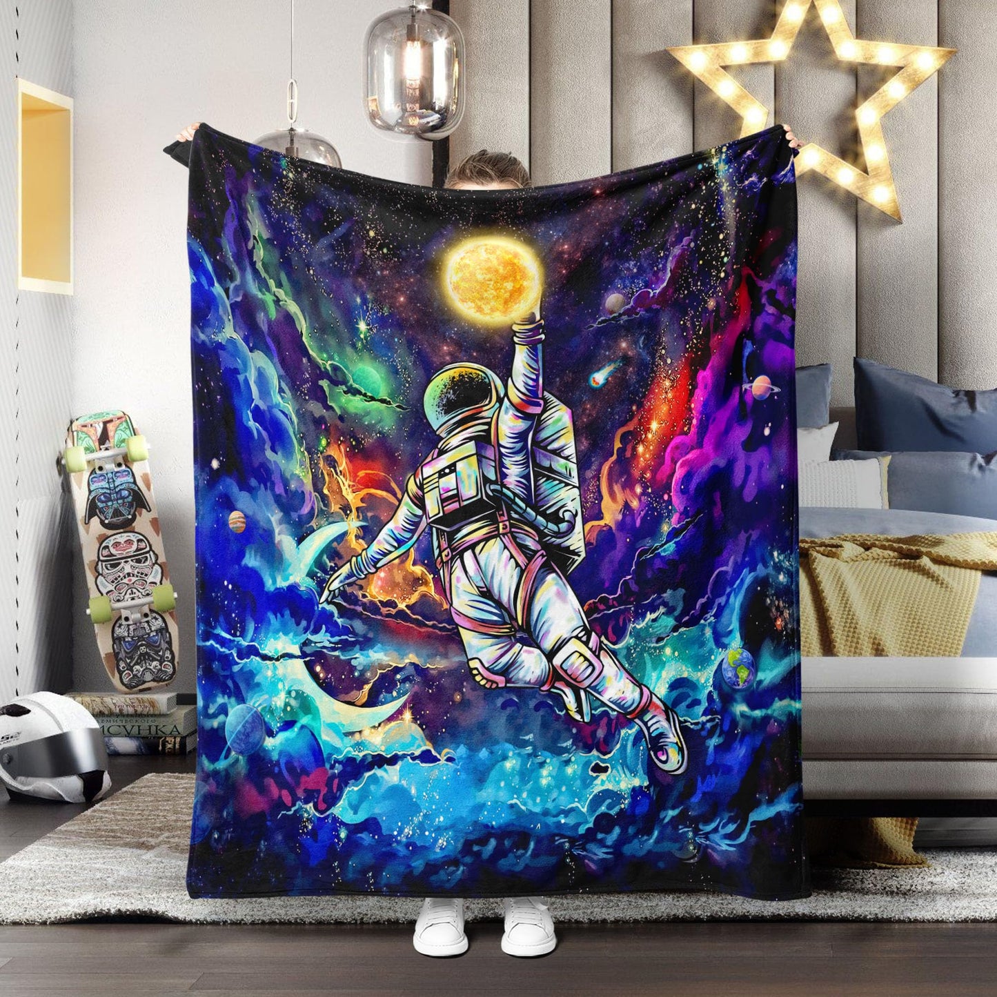 kampdream Fleece Throw Blanket, Galaxy Universe Planet Blankets for Men, Boys and Teens Starry Sky Nebula Stars Comforter Nap Throws for Couch Chair Bed Decor Comforter (Astronaut, 40.00" x 50.00")