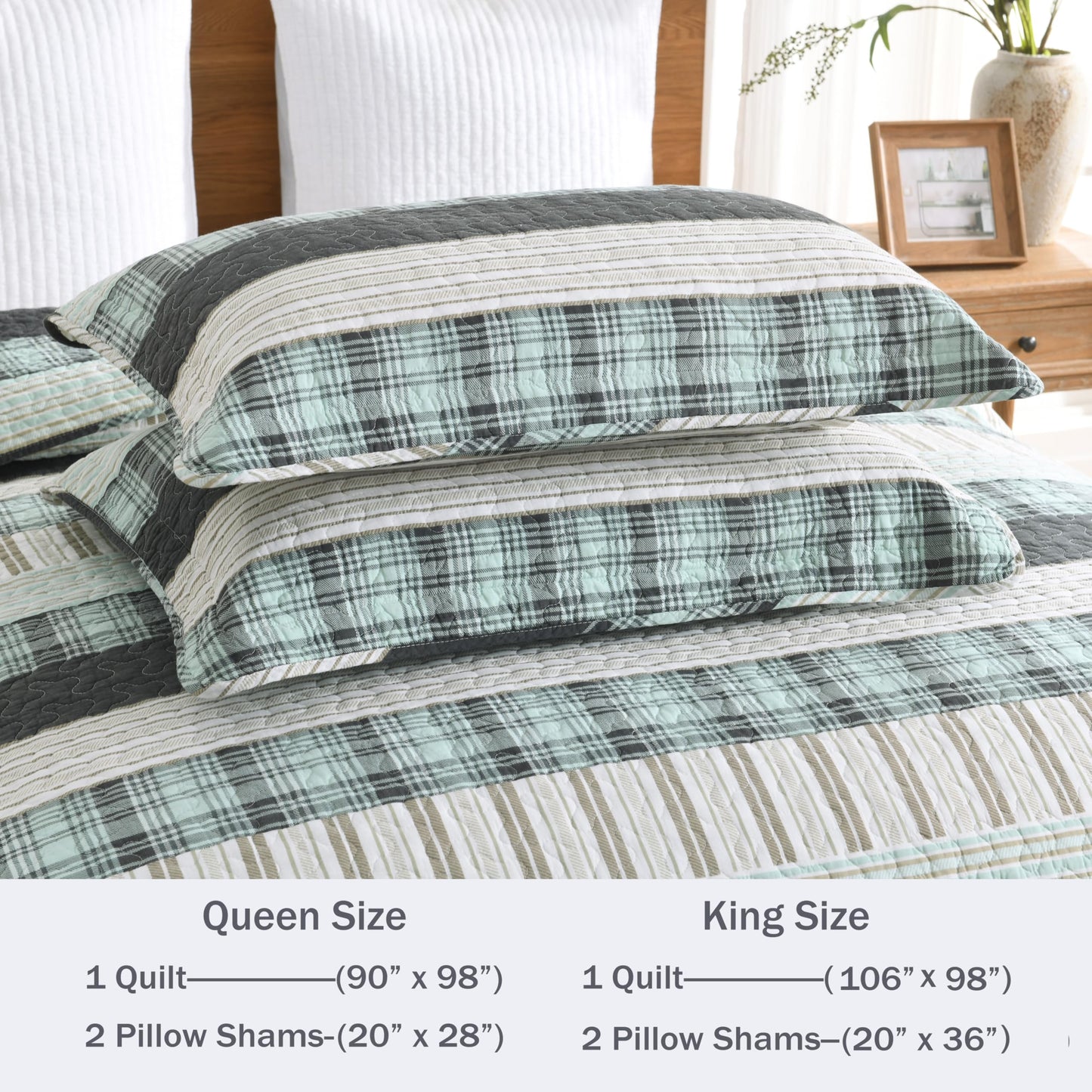 Homzard 100% Cotton Quilts Queen Size，Teal Black Beige Queen Quilt Bedding Set,Farmhouse Plaid Striped Bedspread Set,Lightweight Breathable Comforter Reversible Coverlet All Season 3 Pieces