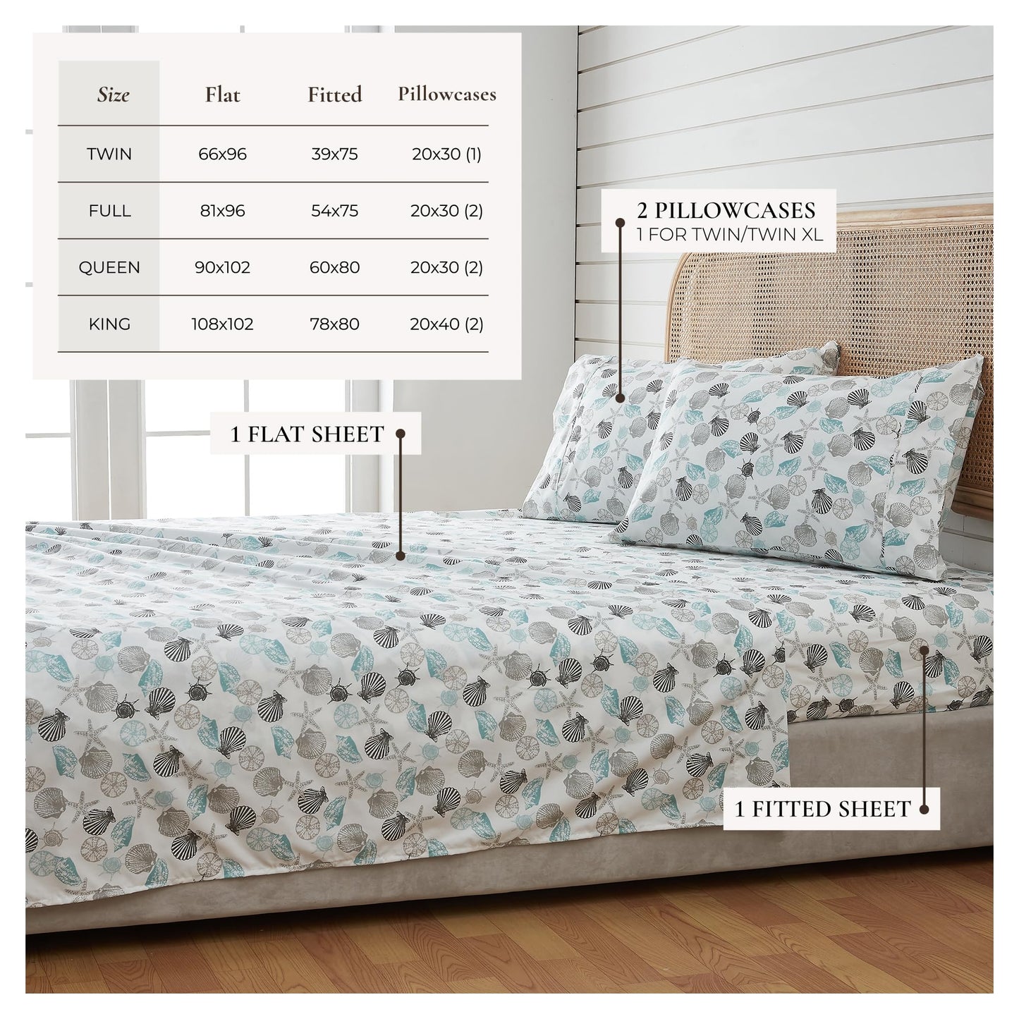 Great Bay Home Twin Coastal Microfiber Sheet Set - 3-Piece Nautical-Printed, Ultra-Soft Sheets - Beach-Themed Bedding Sheets & Pillowcases (Seashell)