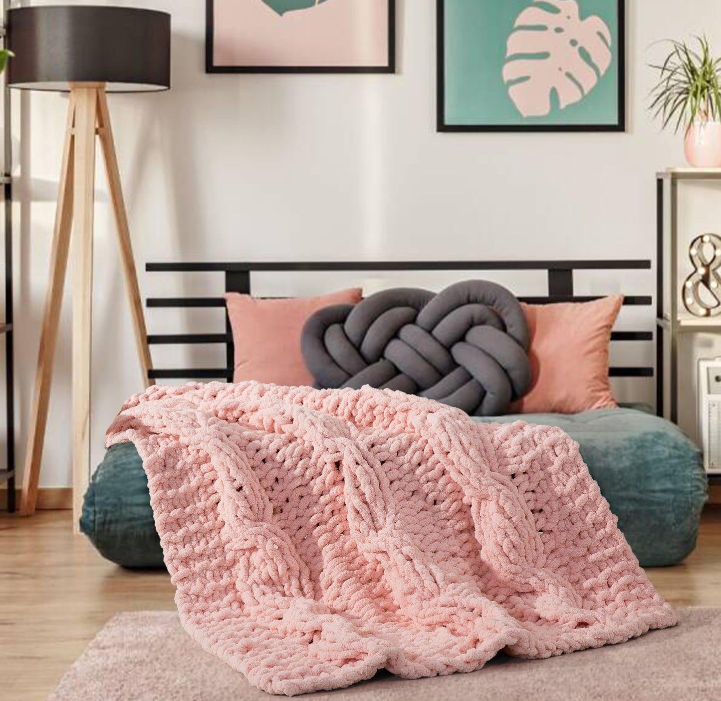 CLOUDS HUG Chunky Knit Blanket Throw - 100% Hand Knitted Chunky Soft Throw Blanket for Couch, Thick and Warm Blanket for Winter, Pink, 50x60 Inches