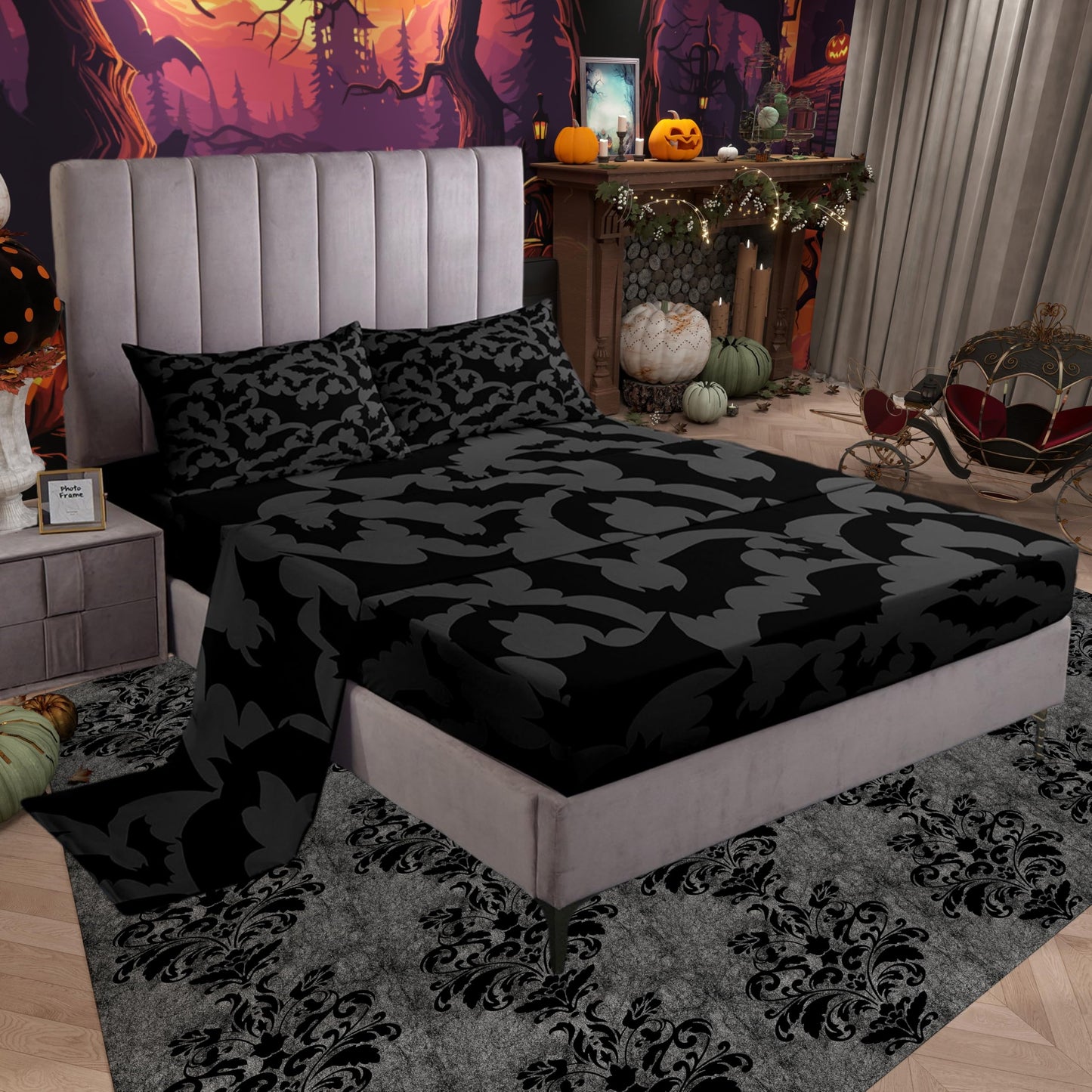 Castle Fairy Halloween Themed Bed Sheet Set for Boys Girls,Black Bats Animal Print Bed Sheet Set Full Size Bedding Set,Dark Grey Color Fitted Sheet and 1 Flat, 2 Pillow Sham