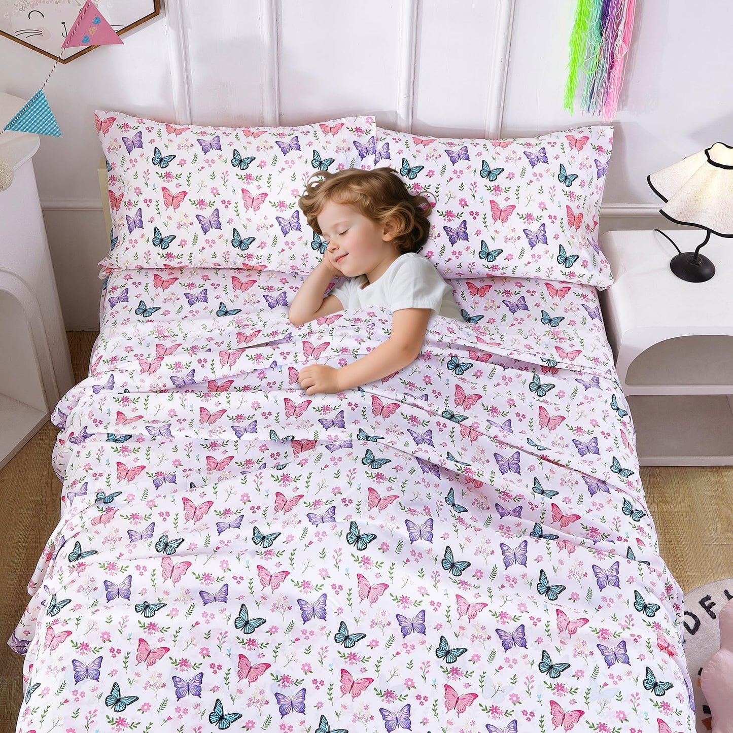 Softan Kids Bed Sheet Set, 3-Piece Twin Sheets Set, Microfiber Fitted Sheet with 15 Inches Deep Pocket and Corner Straps, Breathable & Silky Soft Butterfly Flower Printed Sheet and Pillowcase Sets